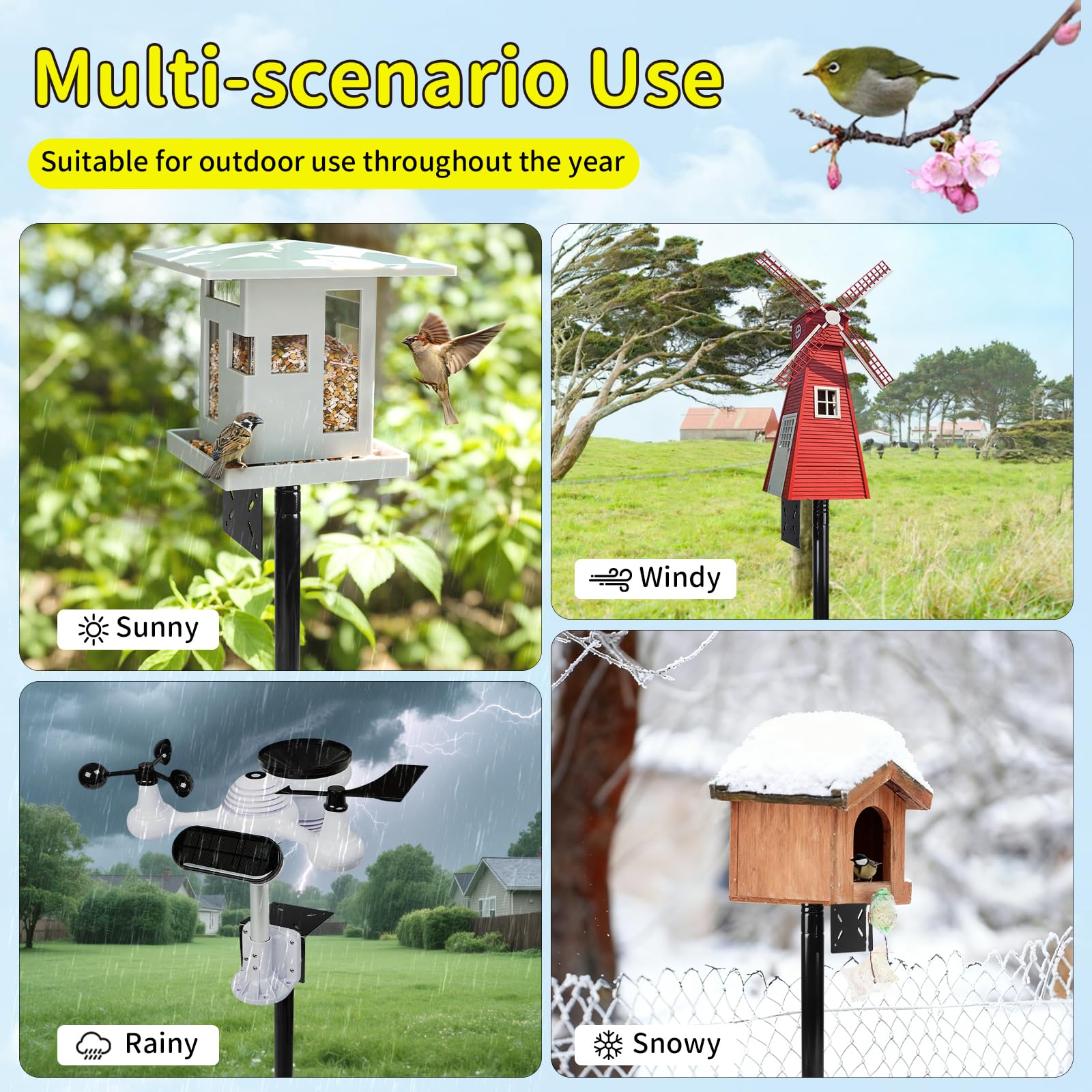 1 Pièce Support réglable pour nichoir, Hauteur ajustable jusqu'à 220 cm Ensemble universel pour jardin avec base à 5 branches pour mangeoires, stations météo, Noir (sans nichoir et vis)