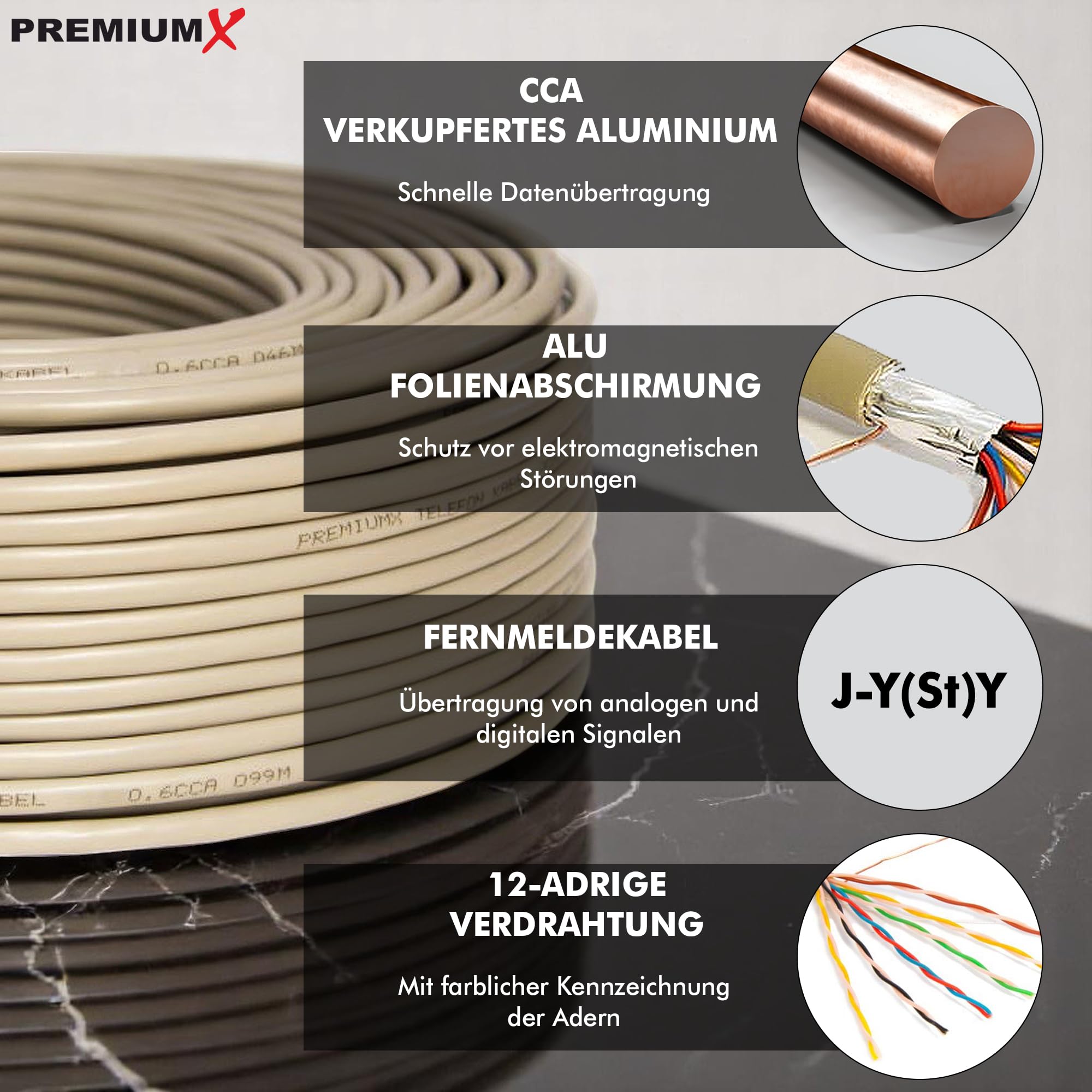 Premium X 50m Cavo Telefonico 4 Conduttori 6x2x0,6mm J-Y(ST) Y - Cavo di Installazione, Linea Telefonica, Cavo di Telecomunicazione, Schermatura in Alluminio, Design CCA, per Interni/Esterni
