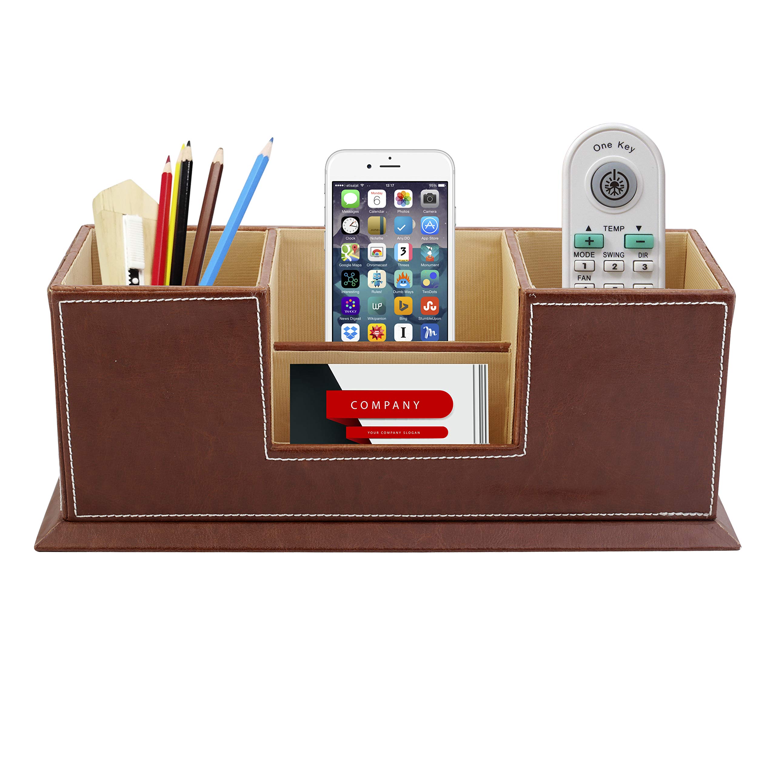 Anything & Everything Wooden Desk Organizer Pen/Pencil Stand, Mobile Holder & Remote Stand For Office Desk/Desktop/Table Stationery Storage Organizer Box (Tan), Orange