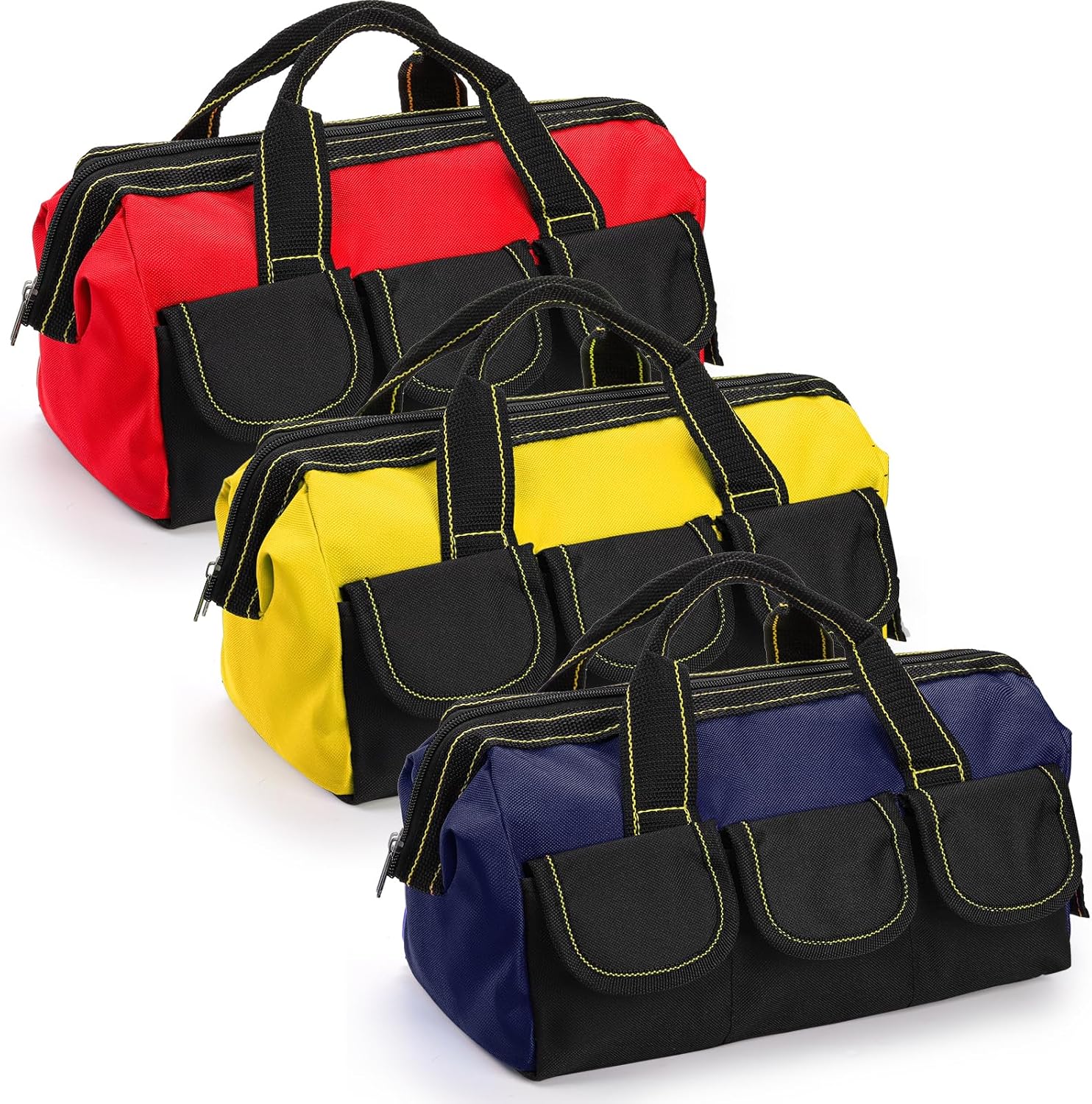 Mezchi 3 Pack 12 Inch Wide Mouth Tool Bags - Heavy Duty Waterproof Base, 5 Pockets Organizer Tote, Blue Yellow Red