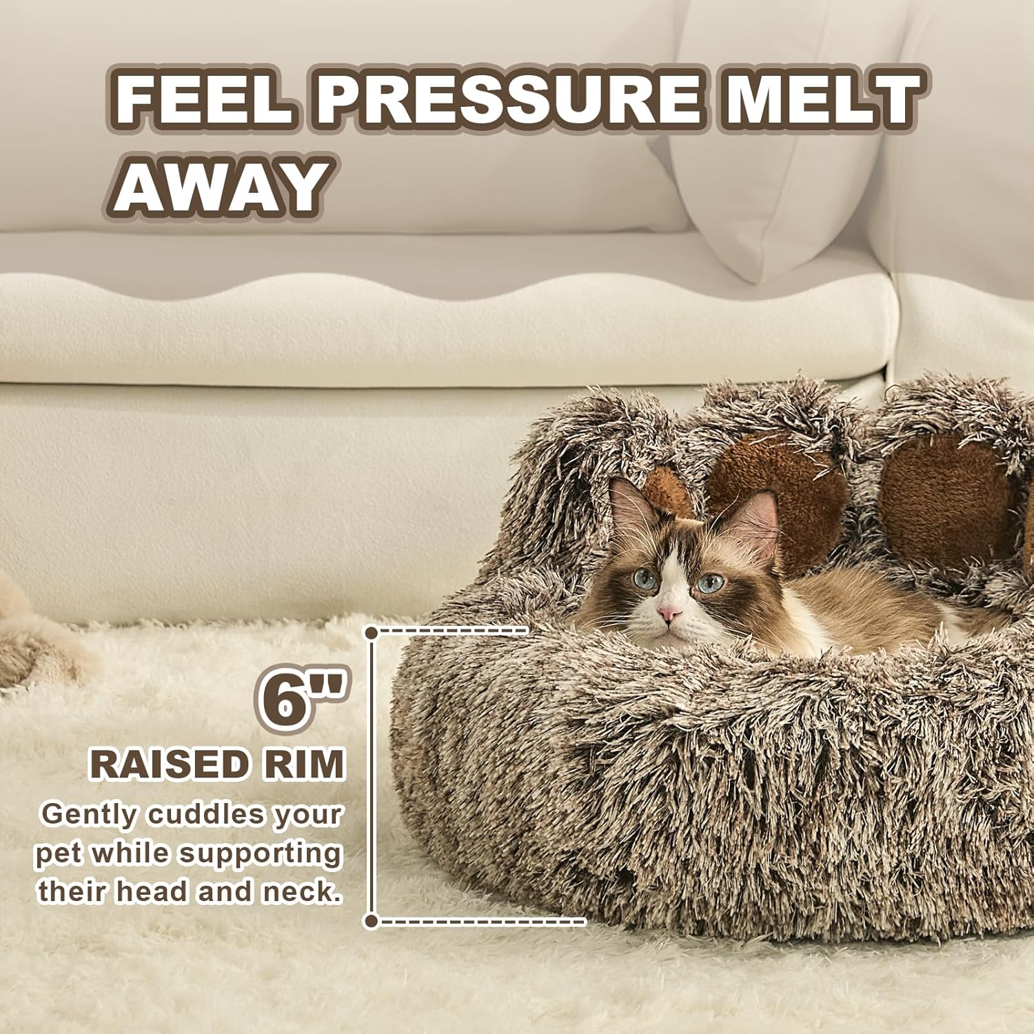 Jiupety Paw Shape Calming Pet Bed, Plush Faux Fur Donut Bed for Dogs & Cats, Machine Washable, Non-Slip Bottom, Medium (22"×22"×6"), Gray