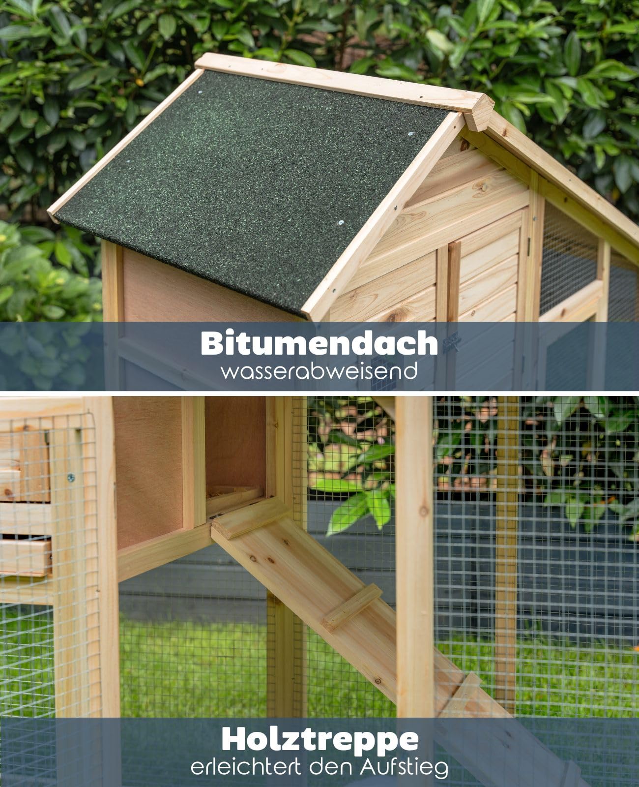 lionto Kaninchenstall aus Holz auf Zwei Etagen mit Rampe, 140x65x119 cm, wasserabweisendes Bitumendach & Drahtgitter, Hasenstall Winterfest für draußen mit 2 Eingängen & herausnehmbarer Schublade