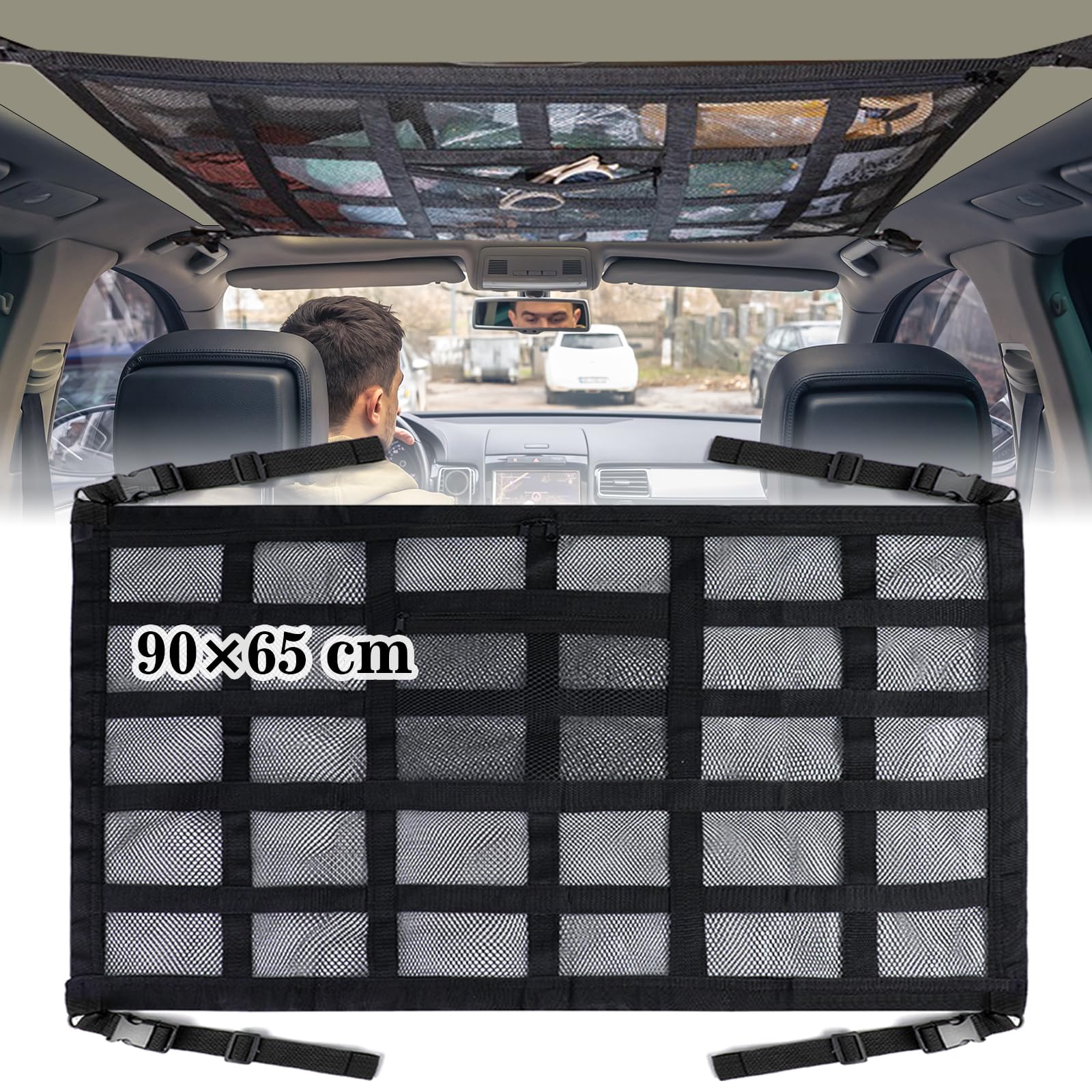 Red De Almacenamiento Para Techo De Coche - Organizador Elástico De Doble Capa Con Cremallera, Para SUV, Furgonetas Y Viajes Largos