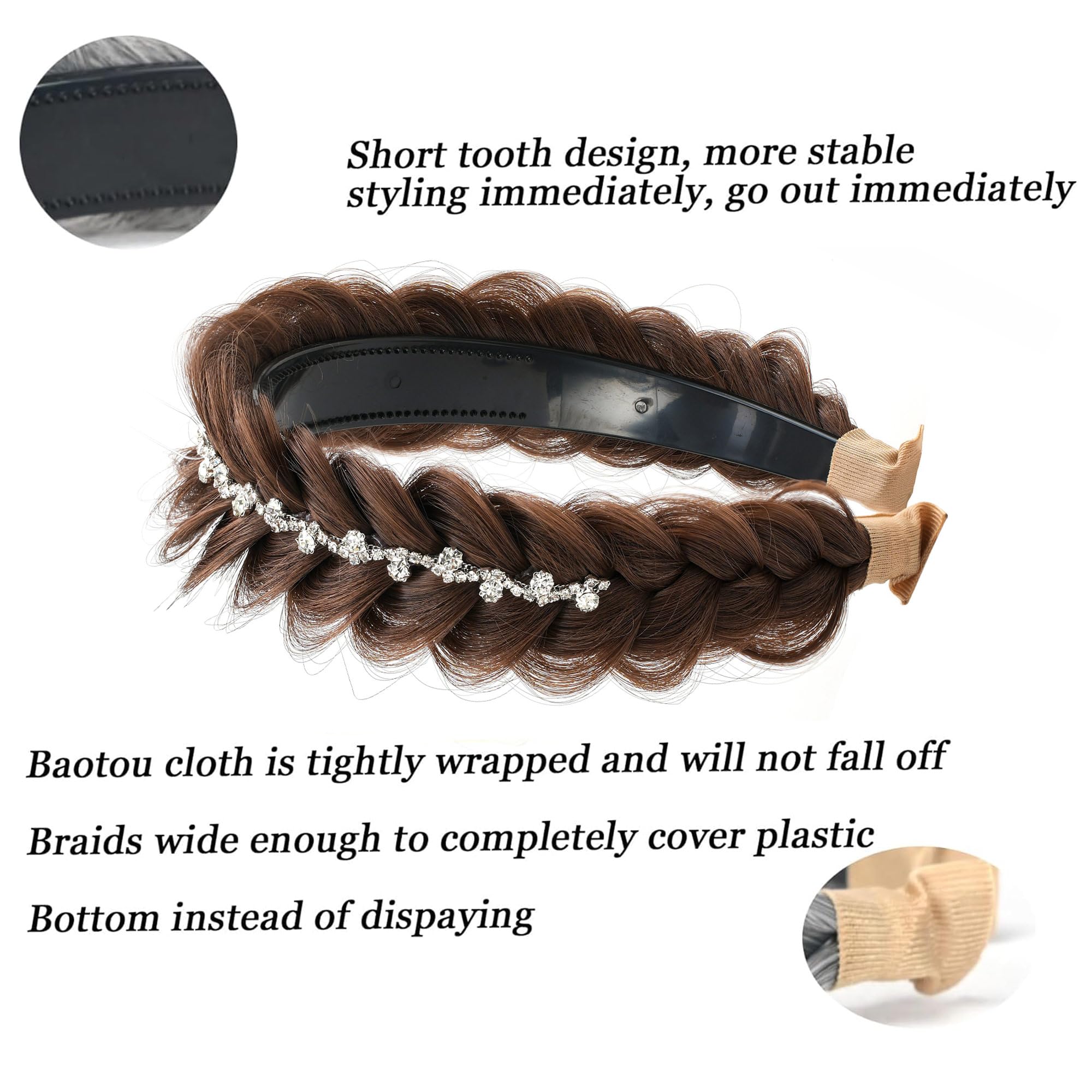 TOECWEGR Wide braided headband with teeth, synthetic braided headband, braided fish tail with crystal embellishments - Image 4