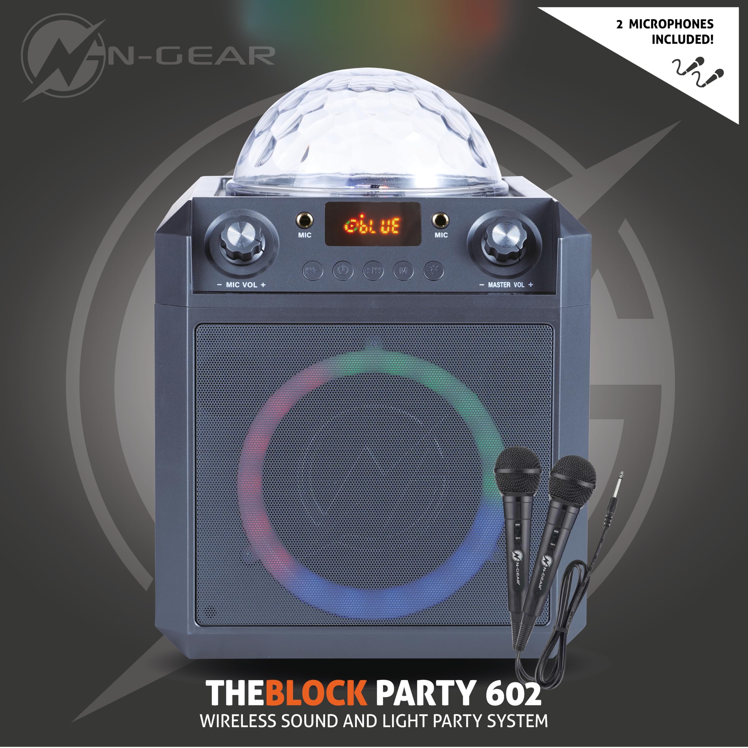 N-Gear The Block Party 602 XL Altavoz Bluetooth Potente 300W con Bola de Discoteca RGB y 2 Micrófonos de Cable Sistema de Sonido Portátil TWS Batería 6 Horas para Karaoke Fiestas - Gris