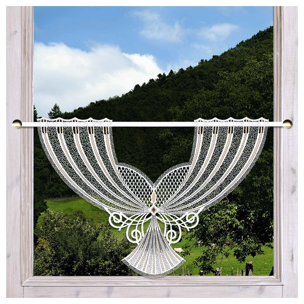 Scheibenhänger Aluna Echte Plauener Spitze Moderne Fächerspitze in weiß, beige und anthrazit Klassische Spitzengardine mit Ornamenten 31 x 44 cm