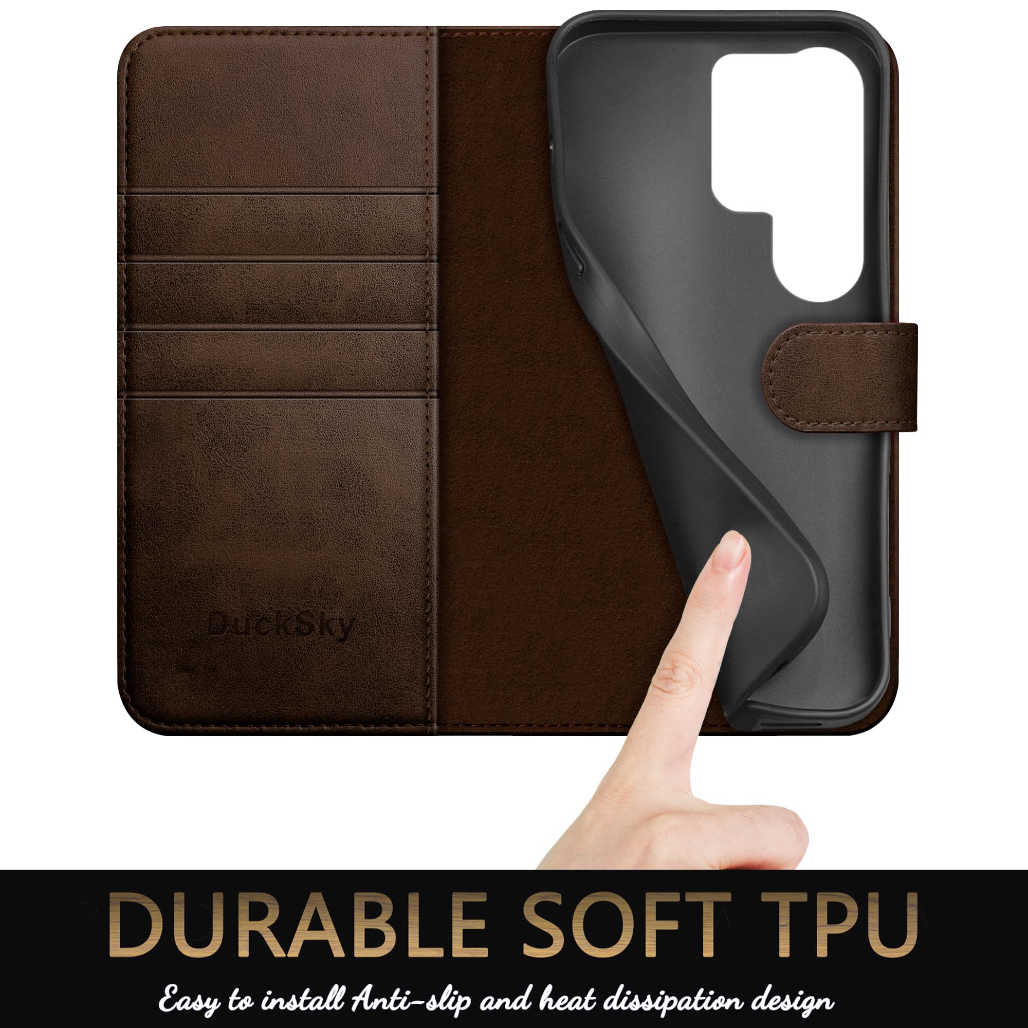 DuckSky Funda tipo cartera de piel auténtica compatible con Samsung Galaxy S25 Ultra, bloqueo RFID, 4 soportes para tarjetas de crédito, piel auténtica, funda tipo libro para mujeres y hombres, funda