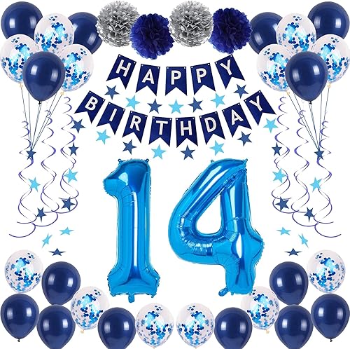 Decoraciones de fiesta de cumpleaños azul número 14 para niños y niñas, suministros de globos de feliz cumpleaños 14 con pancarta de feliz