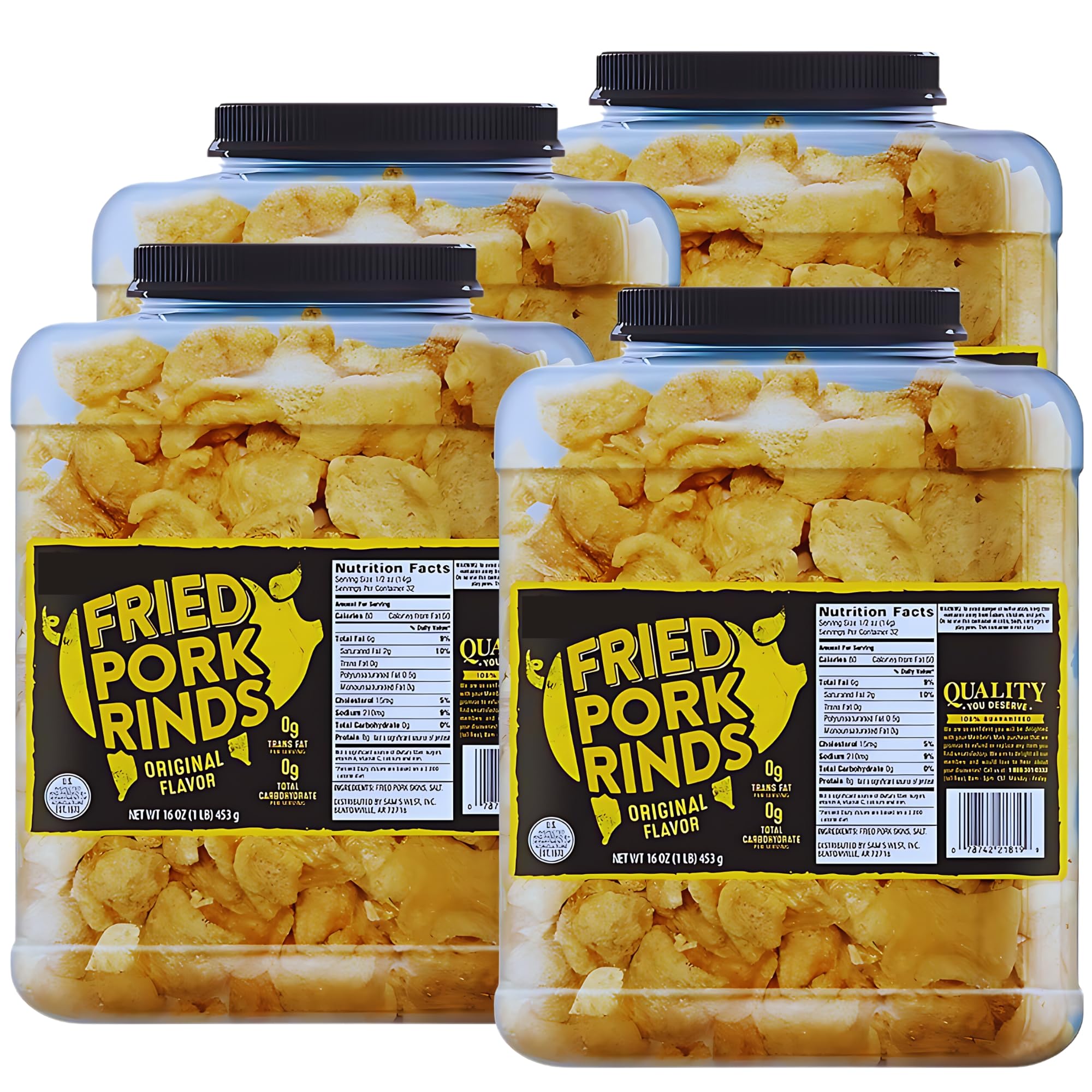 (4) Original Fried Pork Rinds, 16oz Resealable Tub Premium Chicharrones Zero Carbs High Protein Crunchy Crackling Snacks Keto Paleo Friendly Party Food Guacamole Gourmet Snack Savory Treat