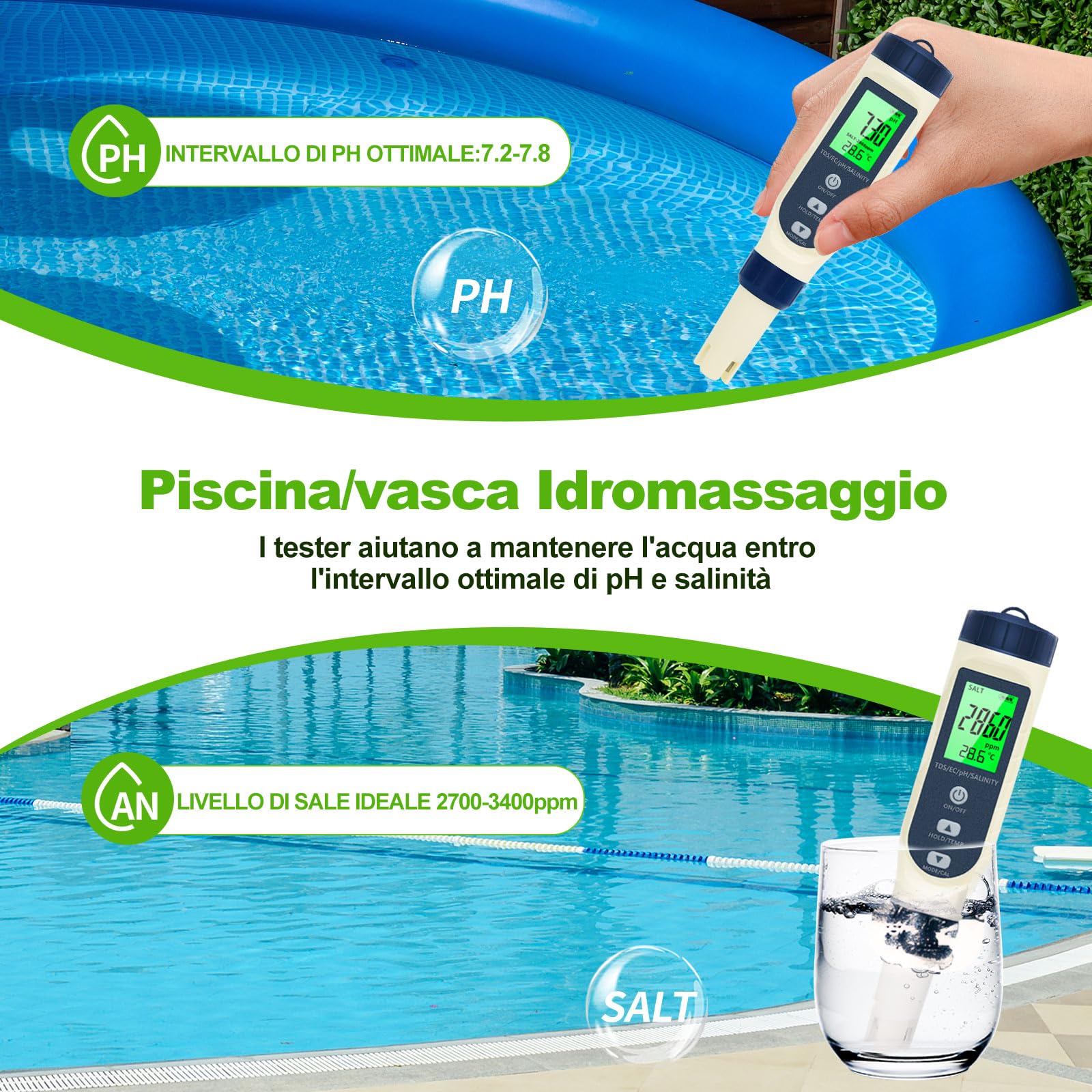 Pious Misuratore ph, pH/TDS/EC/Salinità/Termometro 5 in 1 con Display LCD, Misuratore Ph Acqua alta Sensibilità, Compensazione Automatica della Temperatura, Adatto per Coltura Idroponica, Piscina