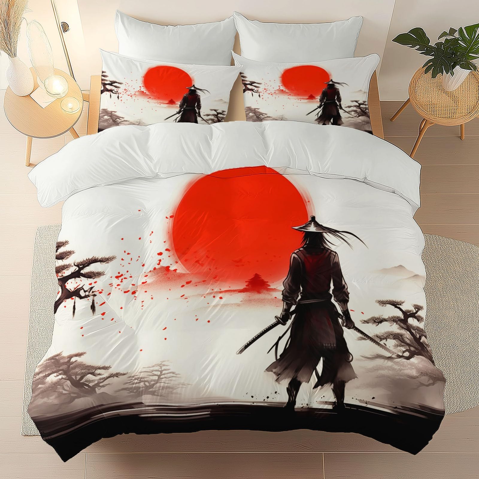 Parure de lit 240x260 imprimée lune rouge avec taies d'oreiller et housse de couette blanche