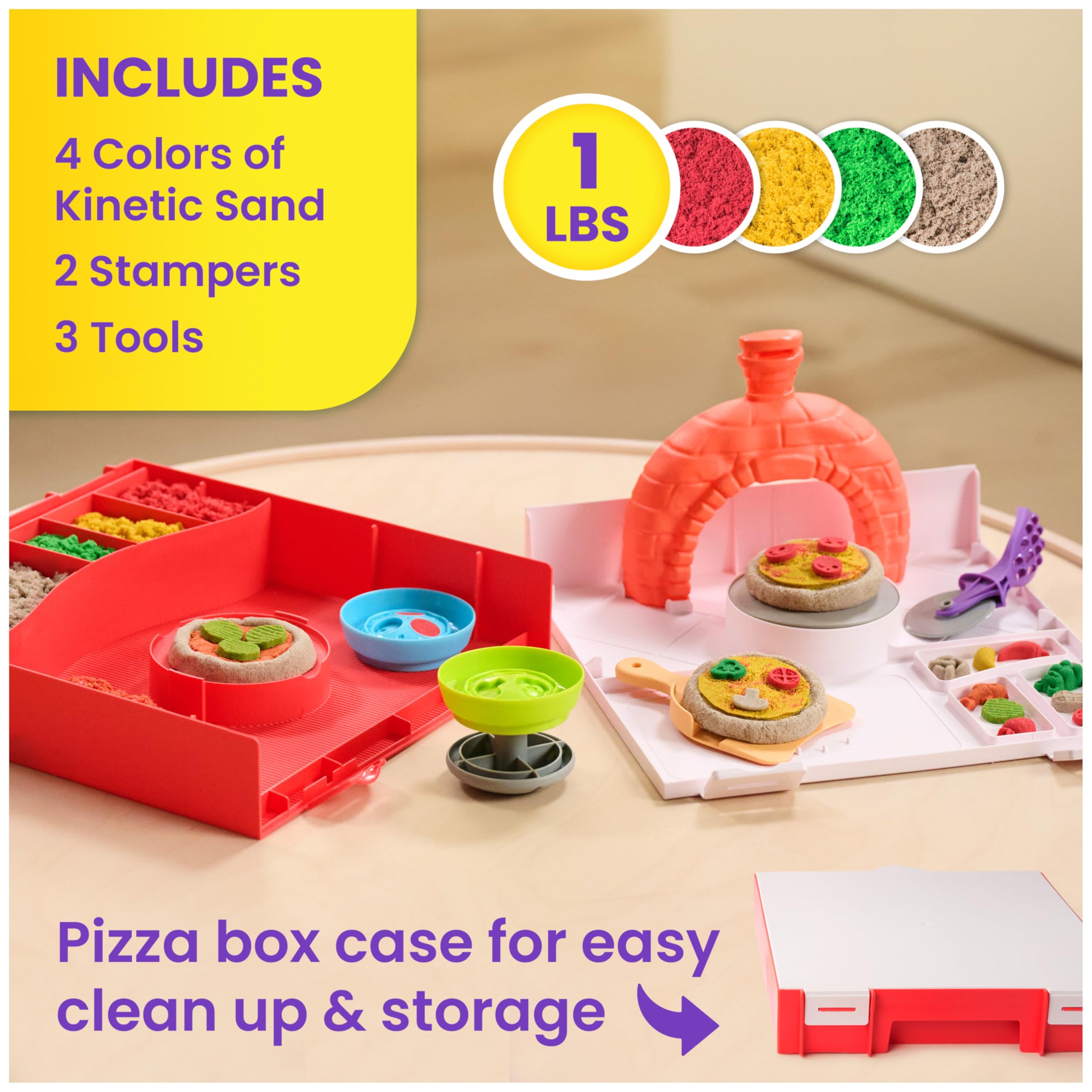 Kinetic Sand, zestaw SquishPizza Rising Pizza z 450 g piasku do zabawy i 5 narzędziami, zabawki dla dziewczynek i chłopców w wieku od 5 lat