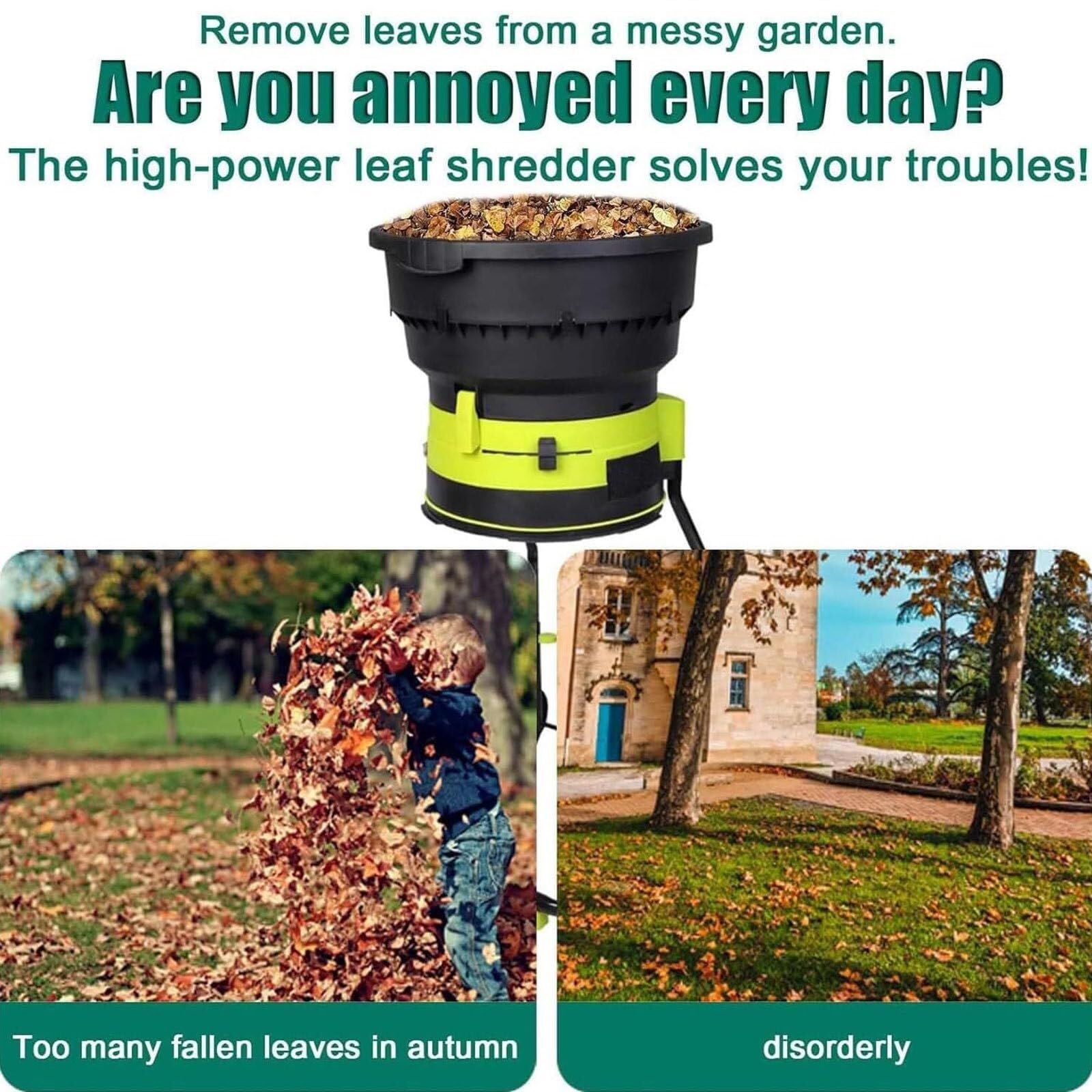 Trituradora eléctrica de hojas, trituradora de jardín sin aspas de 2500 W con tolva extraíble, trituradora de compostaje con ruedas y bolsa de almacenamiento para limpieza de patio