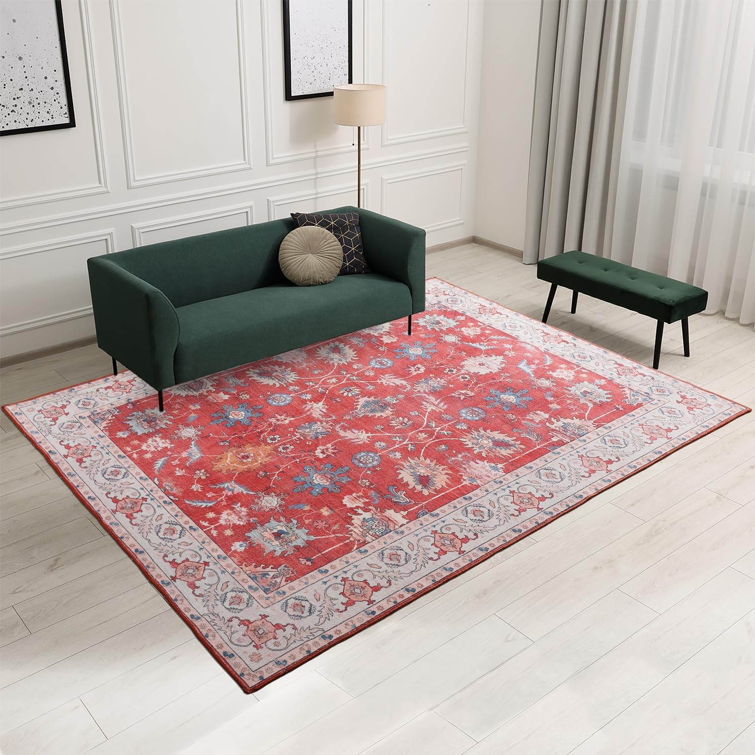 ‌Vintage Persian Style Large Area Wool Rug, Luxurious Bedroom Decor, Sound Absorption & Slip Resistance, Soft Underfoot Low Pile,4x6 ft Area Carpet-Red