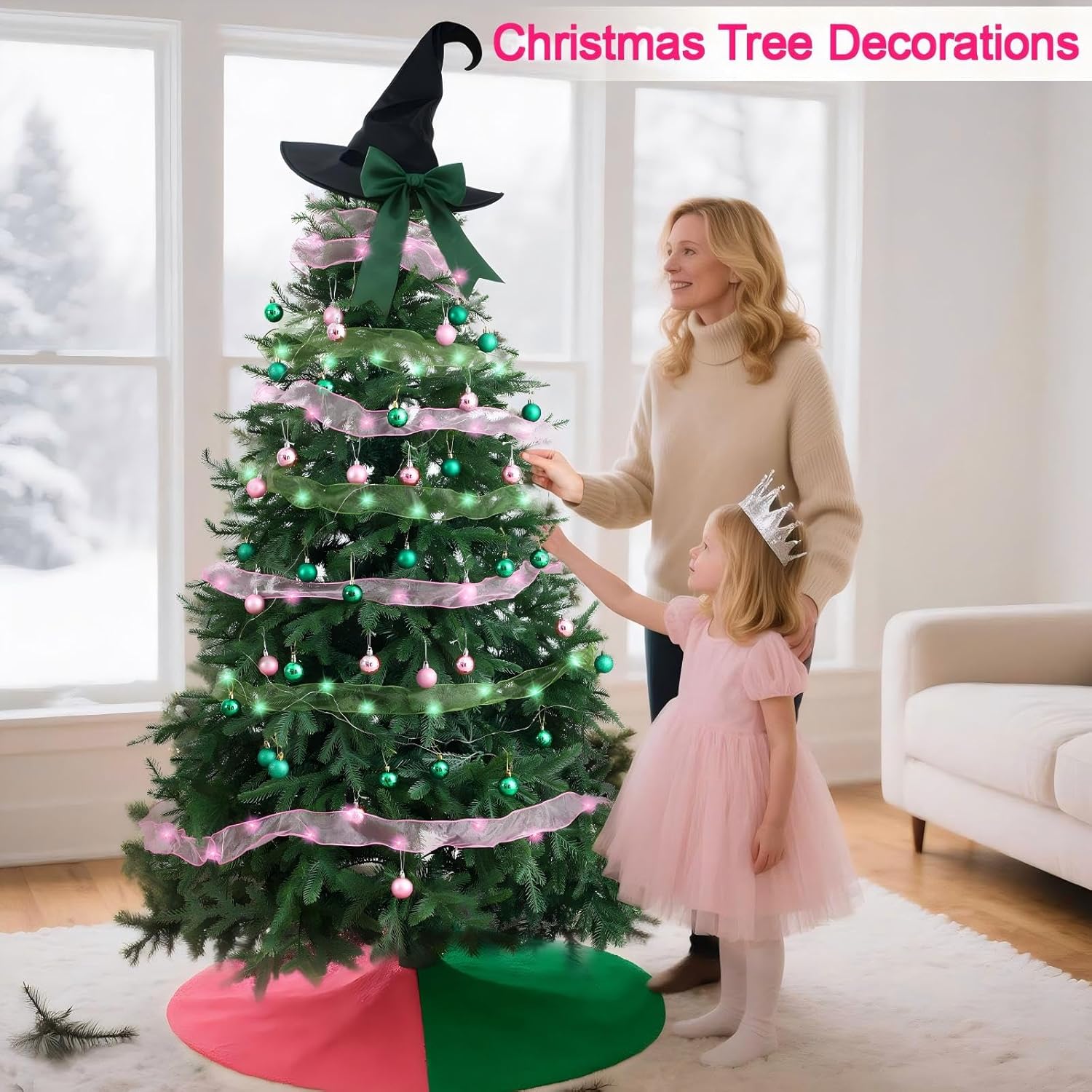 Civaner 54 Pcs Witch Christmas Tree Decoration Pink and Green Christmas Ornaments 2 Xmas Tree Skirt Stand 48 Ball Ornament 2 Light String 2 Ribbon Xmas Decor for Decorative Holiday Party Supplies