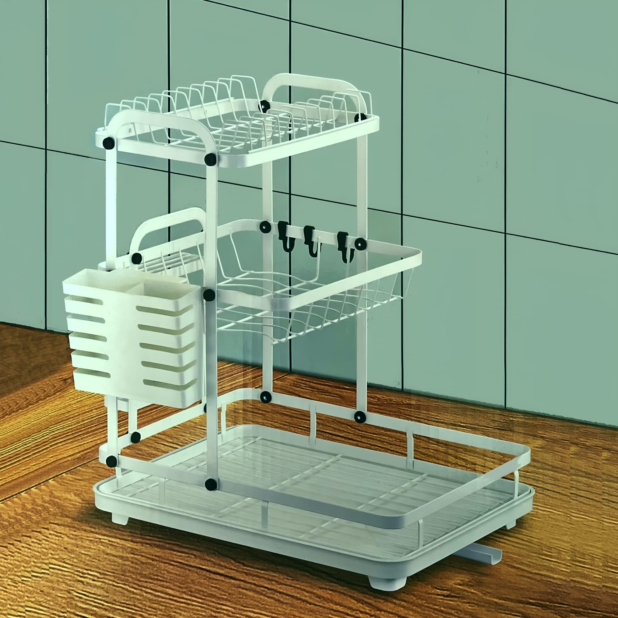 VIO Dish Drying Rack, Detachable 3 Tier Dish Rack and Drainboard Set, Large Capacity Dish Drainer Organizer Shelf with Utensil Holder (WHITE)