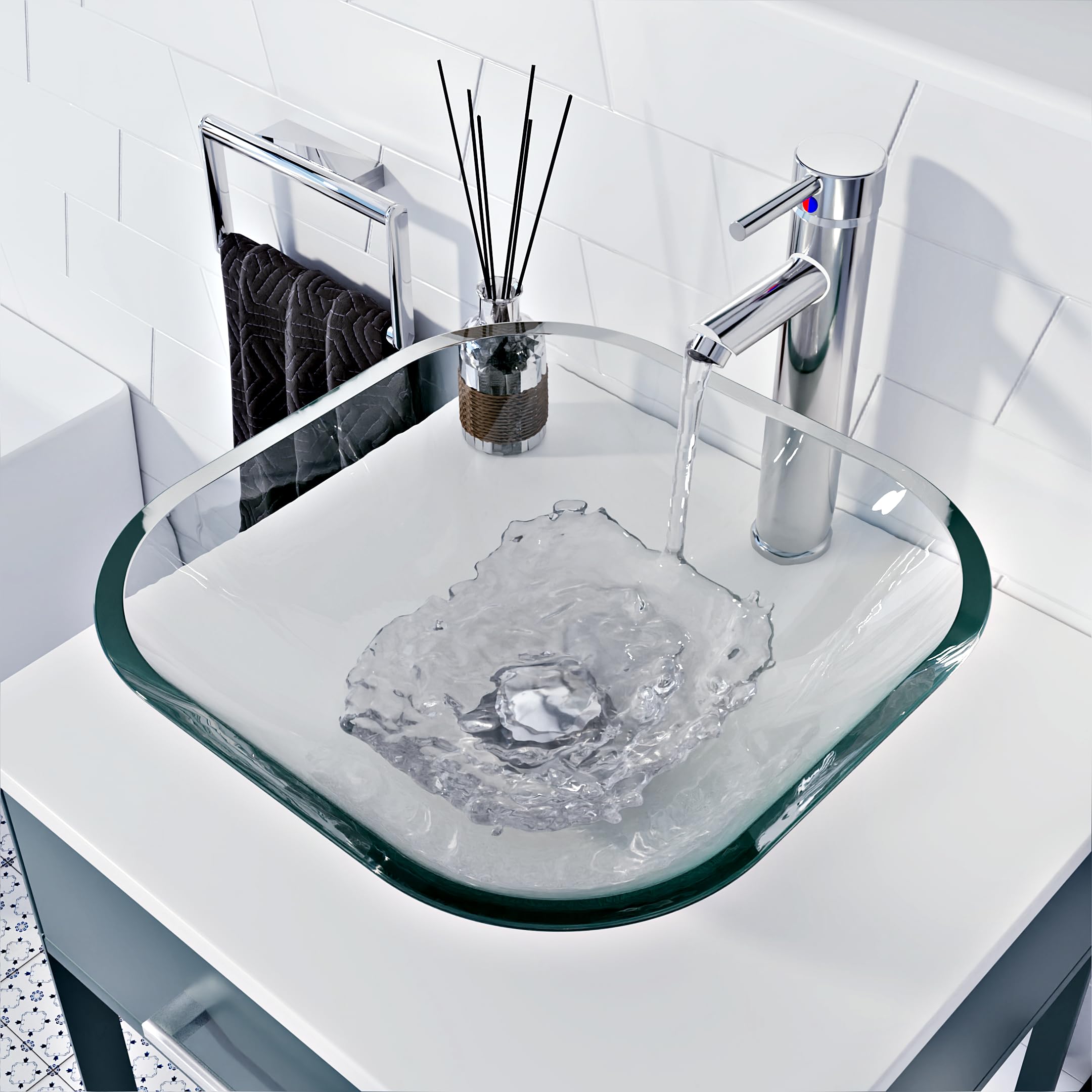 BELOFAY Rectangular Glass Modern Design Bathroom Counter Top Wash Basin Sink, Glass Bowl Cloakroom Basin for Vanity Cabinetwith mounting Ring, Toilets and Bathrooms 42x14x42cm WxHxL