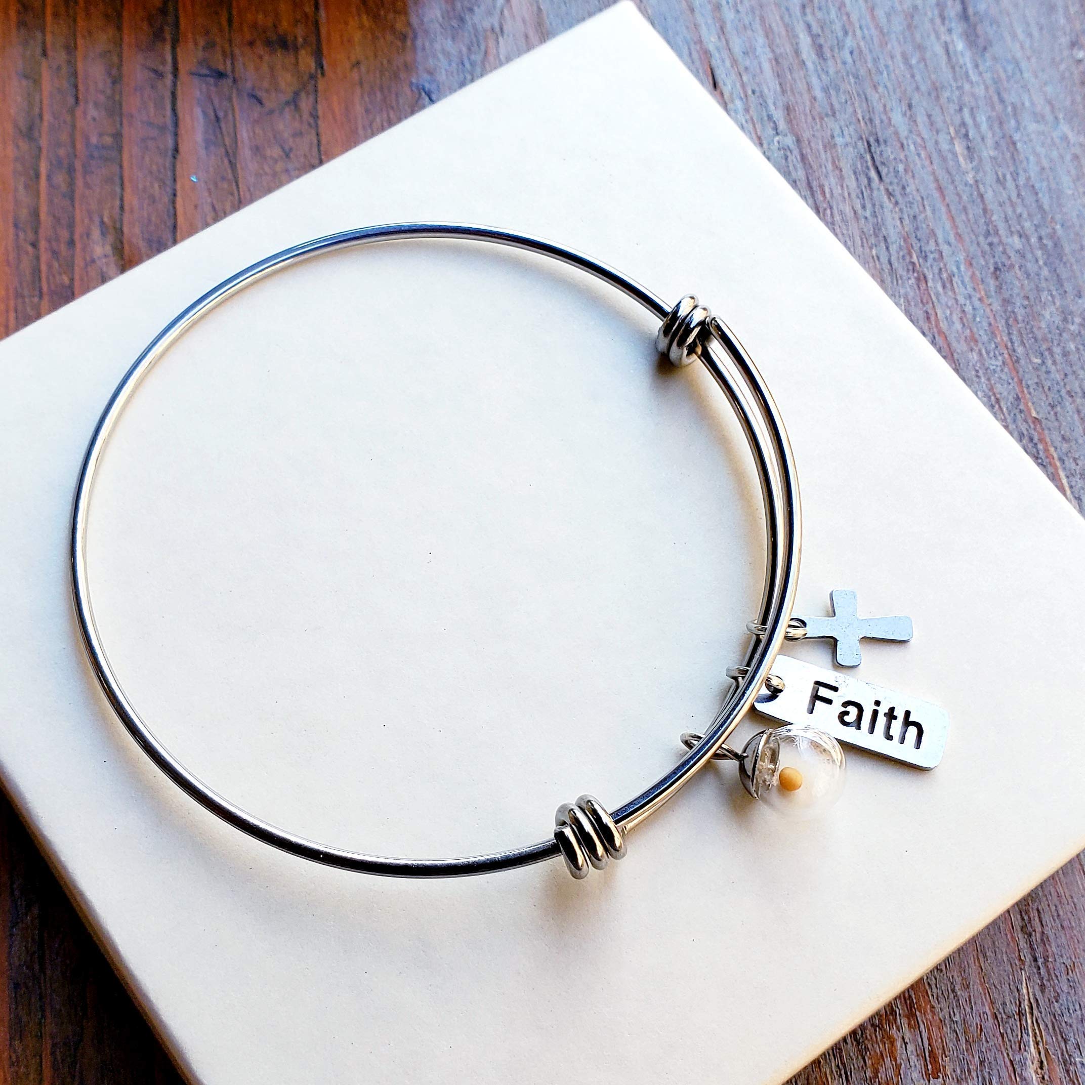 Mustard seed charm bracelet bangle, adjustable, stainless steel with cross charm, faith charm