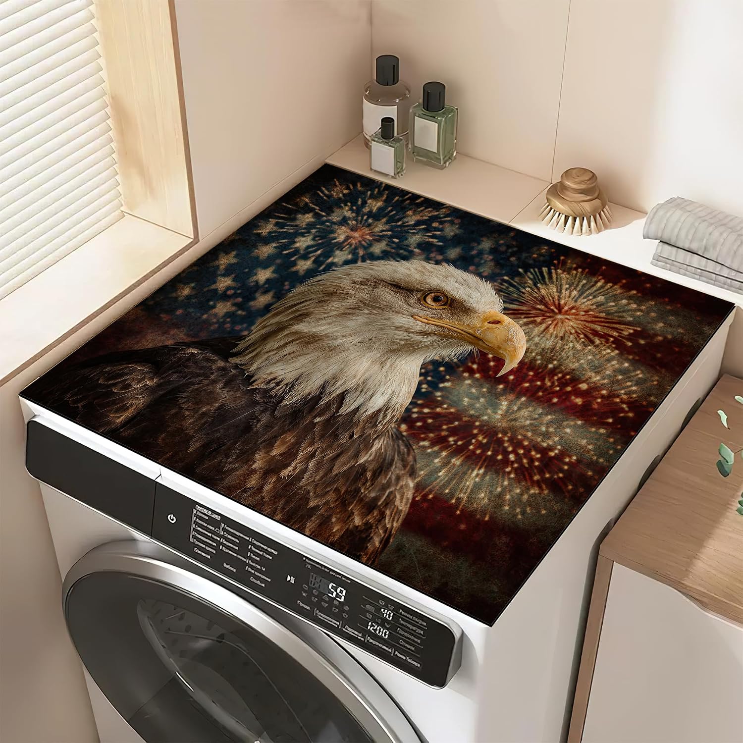 Bald Eagle Flag Washer and Dryer Top Protector Mat, Non Slip Washing Machine Cover, Thickened & Dust Proof & Quick Drying Cover for Home Laundry Kitchen (23.6 x 19.7Inch)