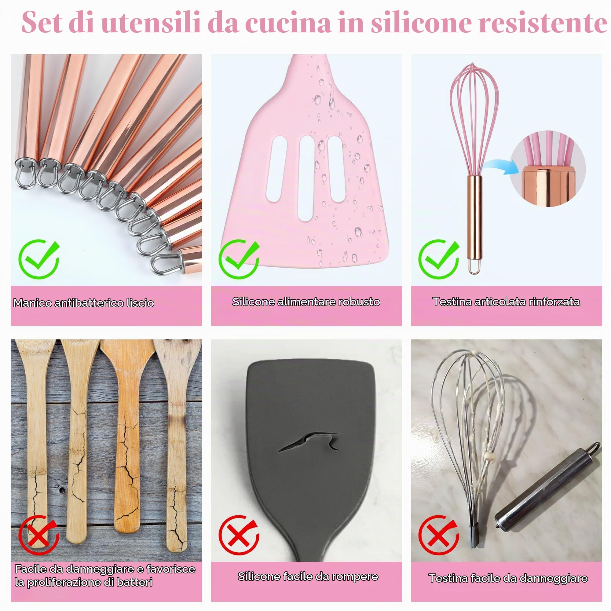 Utensili Da Cucina Silicone, 22 Pezzi Set Mestoli Cucina, Set Di Spatole Per La Resistenza Al Calore, Set Utensili Cucina Per Padella Antiaderente (Rosa)