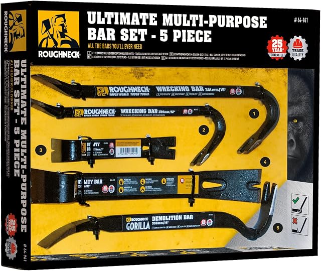Roughneck ROU64961 Ultimate Multi-Purpose Bar Set - 5 Piece Set Including: Utility Bar (7in & 13in), Wrecking Bar (12in &15in) & Gorilla Bar (14in),Yellow - Black