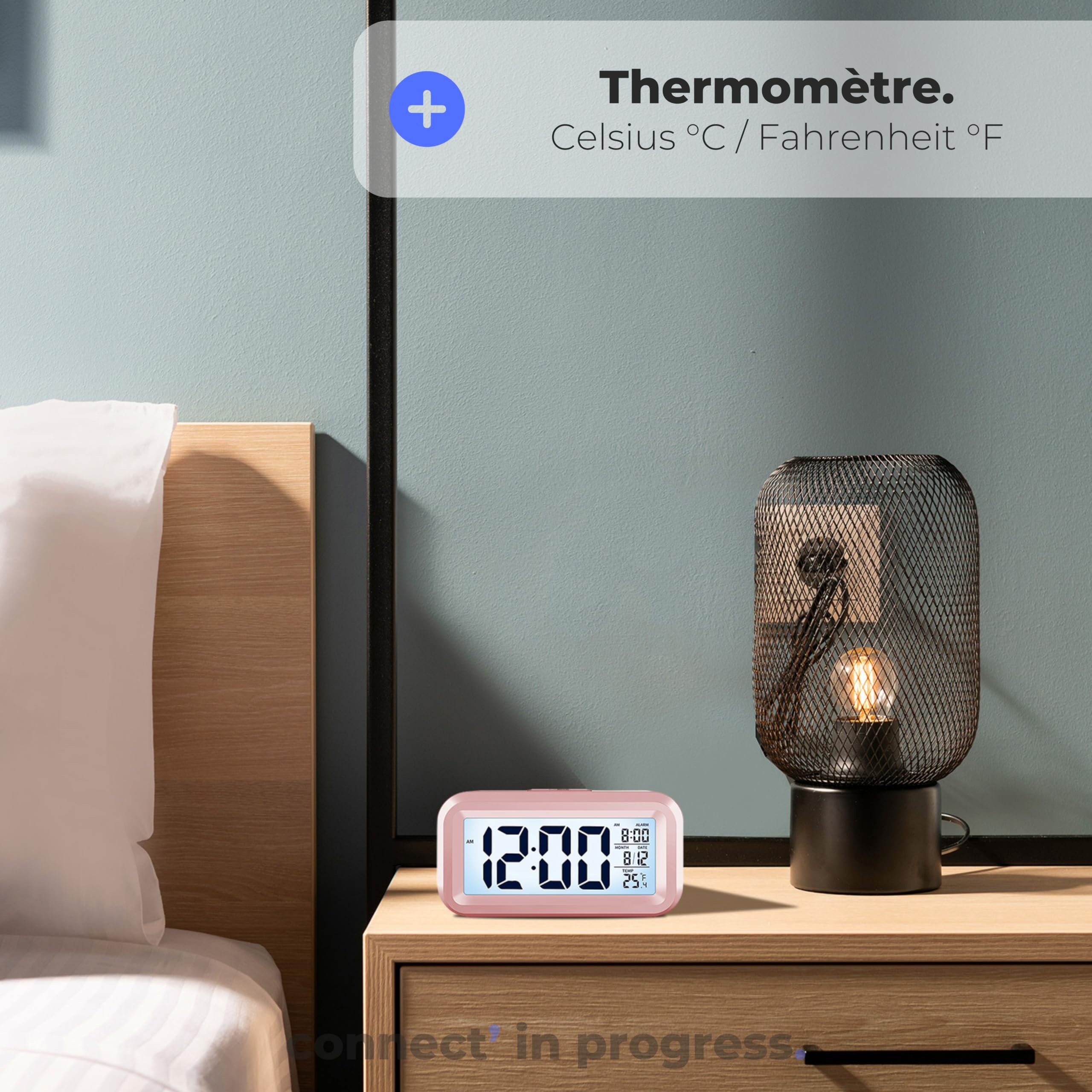Réveil Numérique APM Snooooze Rose - Affichage Température, Date, Fonction Snooze