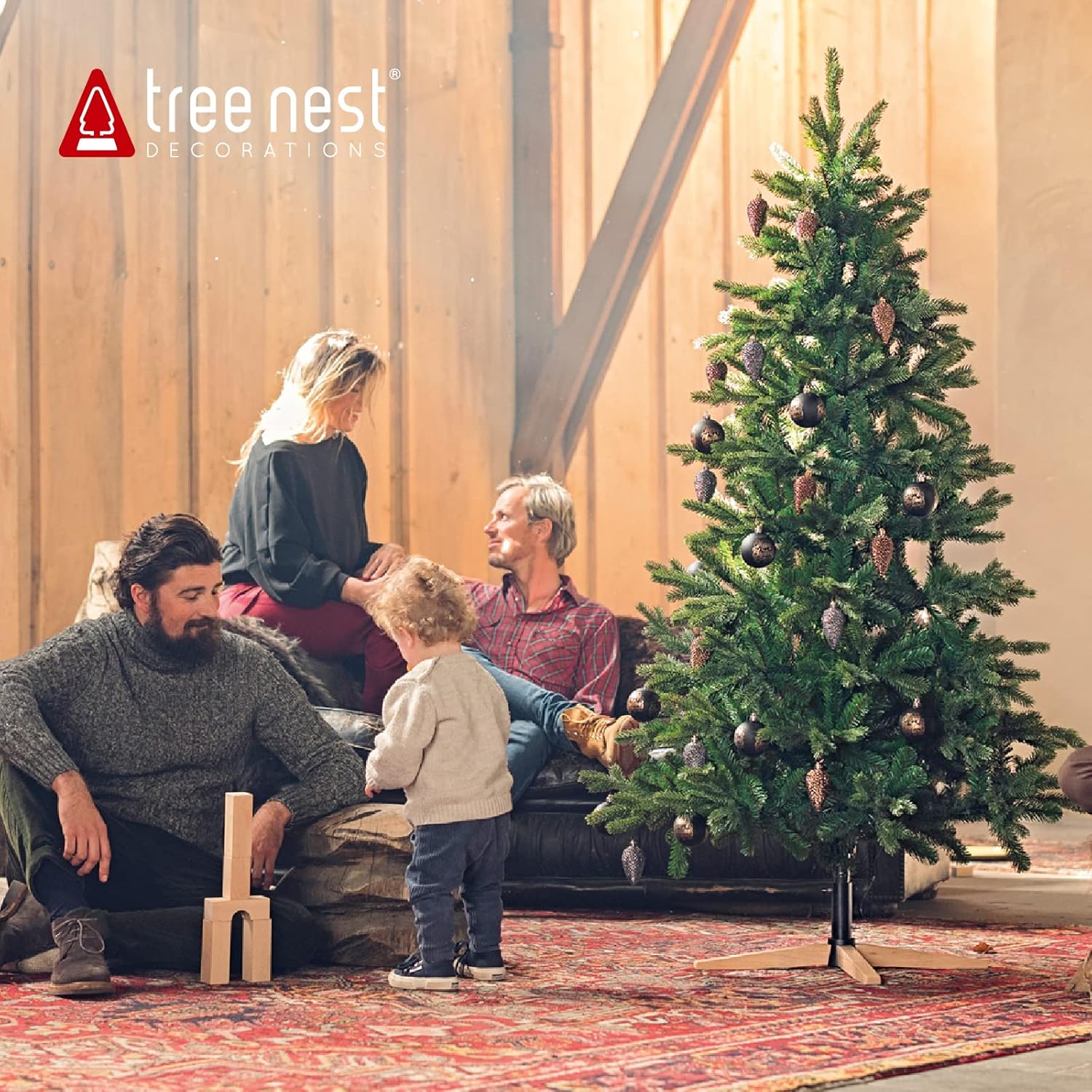 Tree Nest Artificial Christmas Pine Tree 6.5ft with Wooden Stand Base for Home Party Holiday Decor Easy Assembly Fake Xmas Tree for Indoor