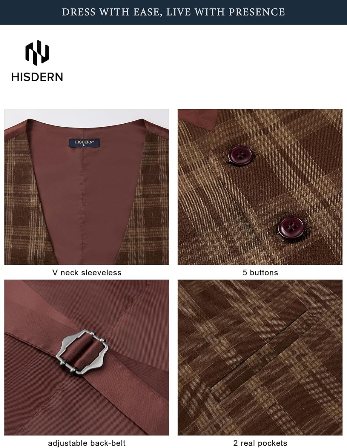 HISDERN Men’s Suit Vest Waistcoat with 3 Pockets Slim Fit for Business Formal Wedding Prom and Casual Tuxedo Wear - Image 6