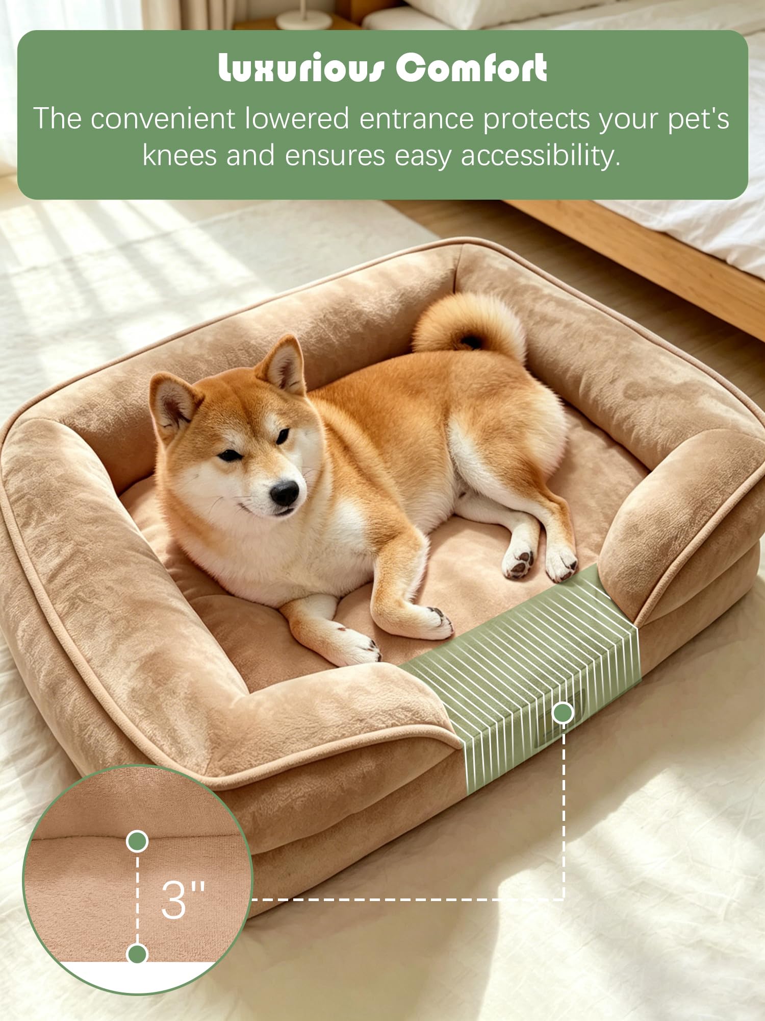 Spotted Play Orthopedic Dog Bed with Sides - Sofa Beds for Medium Dogs, Supportive Foam Pet Couch Bed with Washable Removable Cover, Waterproof Lining and Non-Slip Bottom, Brown - M view 3