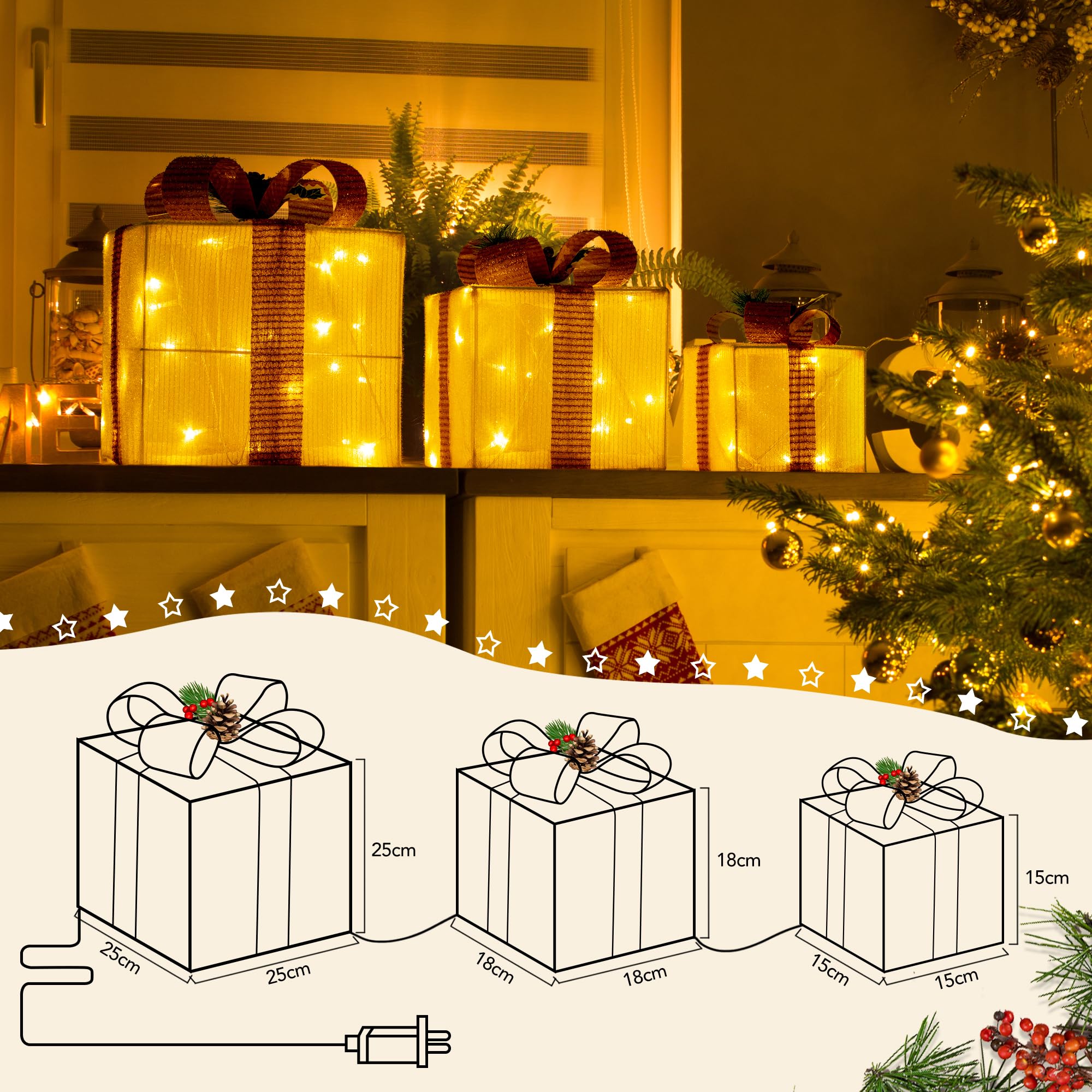 GIGALUMI Pudełko prezentowe LED, zestaw 3 sztuk, 8 trybów, 60 diod LED, świecące pudełko bożonarodzeniowe, łańcuch świetlny z wtyczką do wnętrz, żółta dekoracja bożonarodzeniowa, ciepła biel
