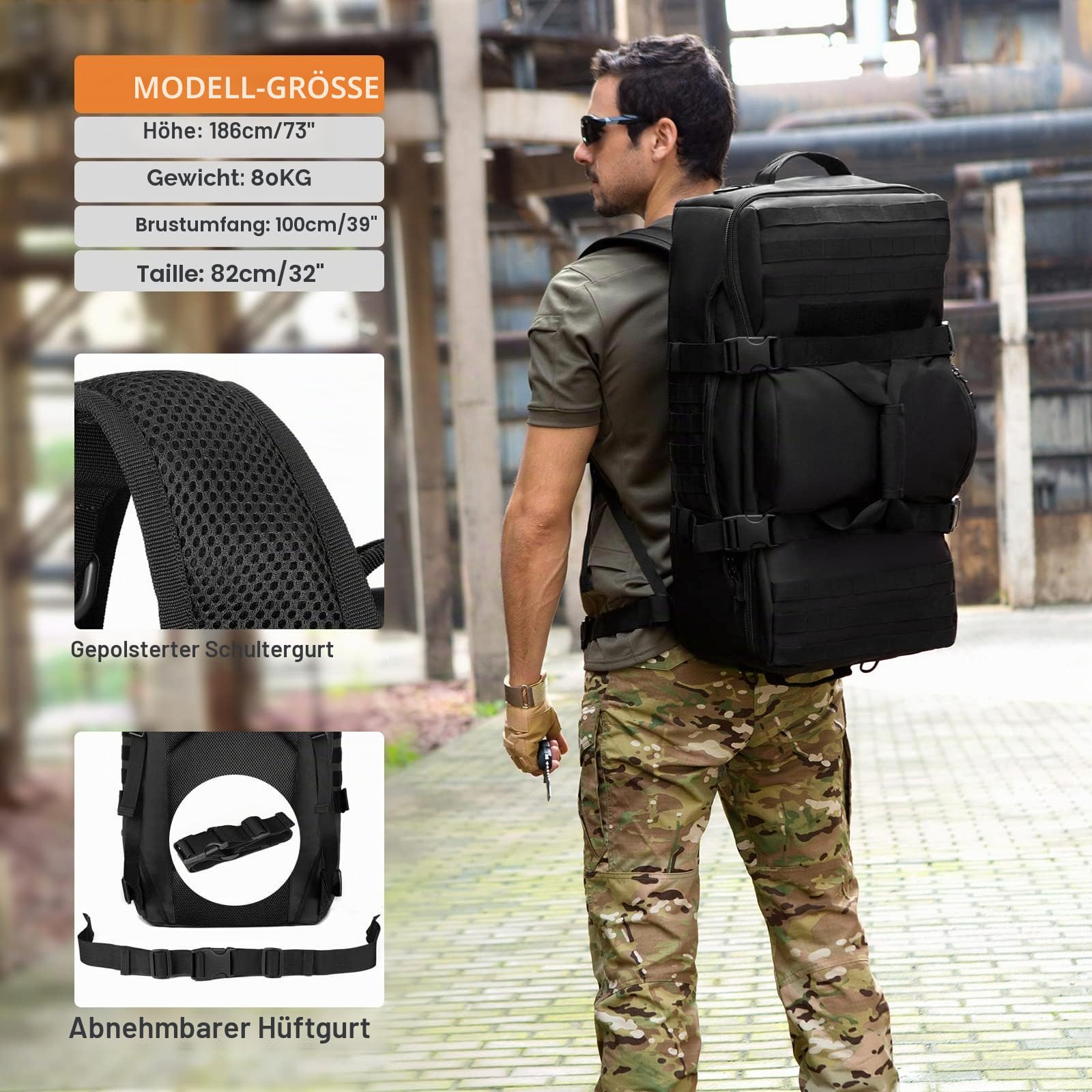 HUNTVP Militär Wanderrucksack 50L/60L Taktischer Trekkingrucksack MOLLE Rucksack Wasserdicht Bundeswehr XXL Backpack Groß Kapazität für Wandern Trekking Camping, 60L Schwarz