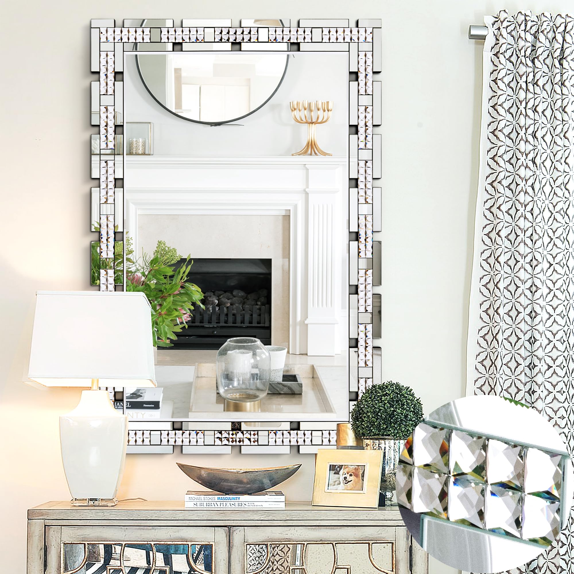 Chende 32" x 47" Rectangular Large Wall Mirror Decor, Crystal Large Living Room Mirror with Beveled Edge and Glass Frame, Entrance, Fireplace, Home Office, Horizontal/Vertical Hanging