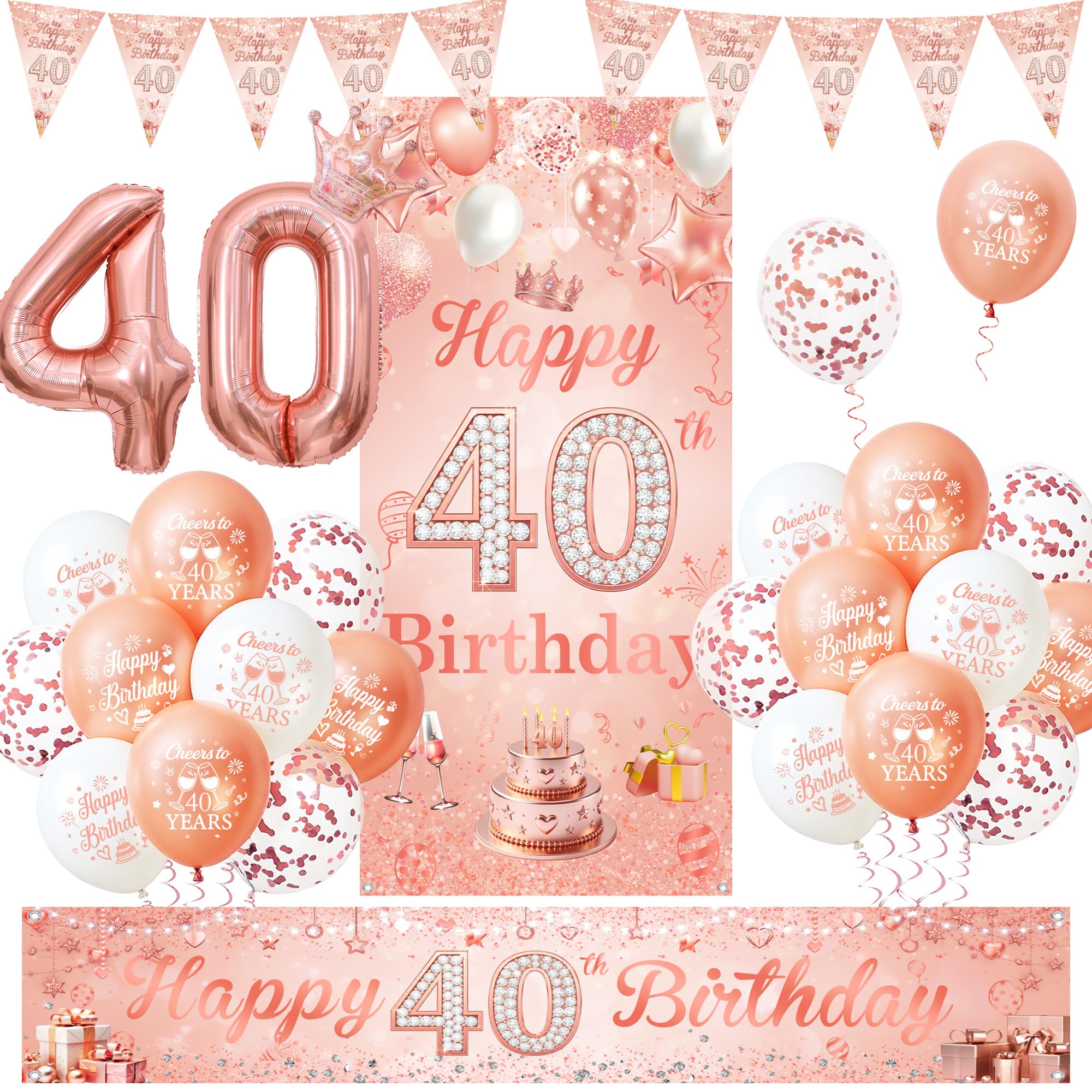 40th Birthday Decorations for Women, Rose Gold Happy 40th Birthday Banner
