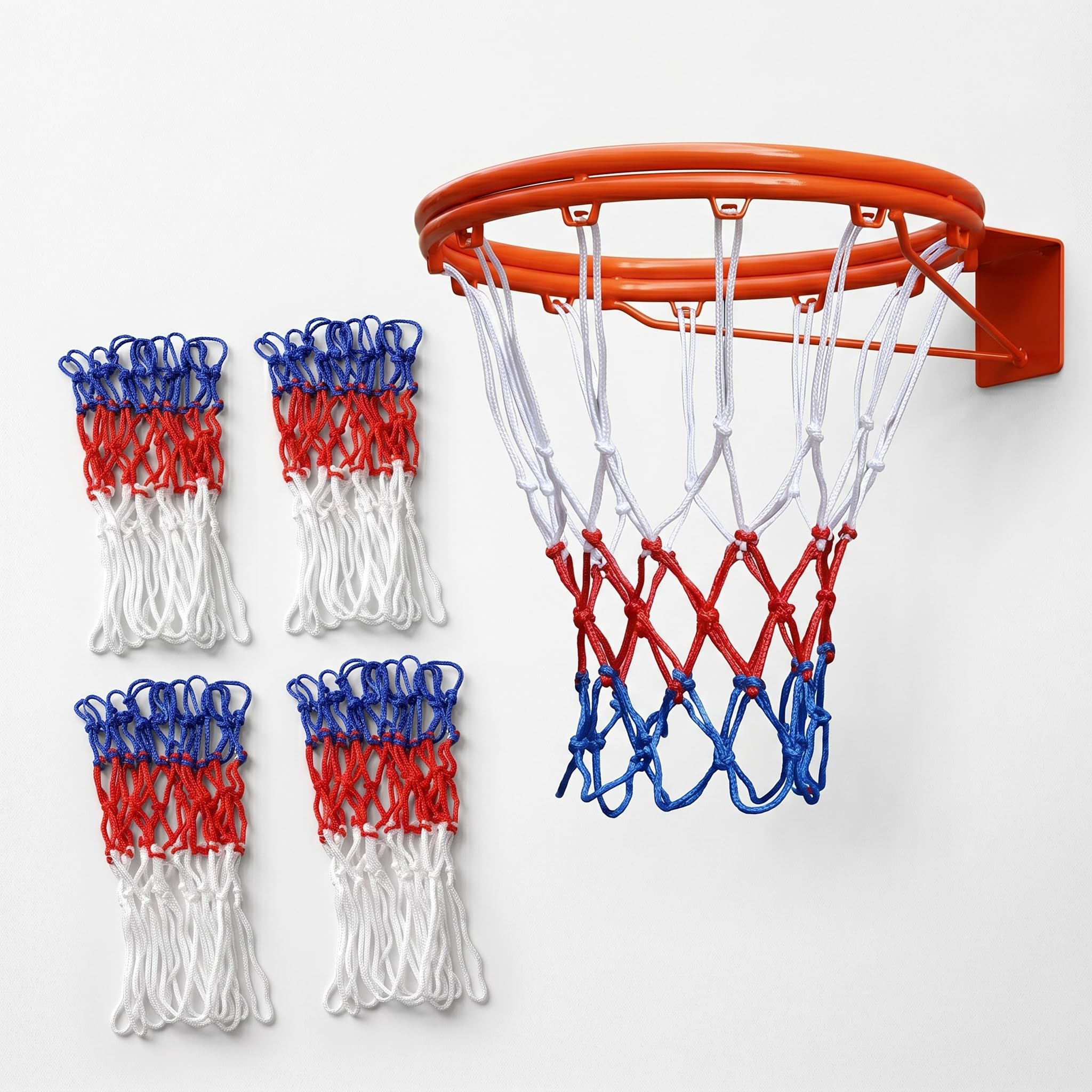 Rete Canestro Basket 4 Pezzi, Retina da Basket 52 cm con 12 Anelli, Ricambio per Canestro Standard in Blu Rosso Bianco, per Campo Interno Esterno, Scuola, Parco e Casa