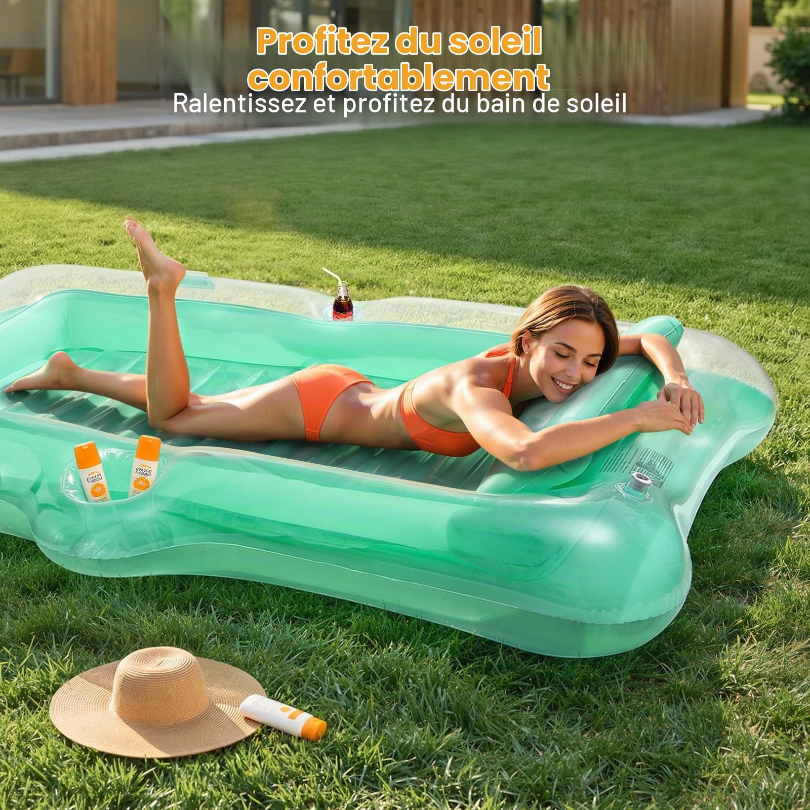 HeySplash Flotteur de Piscine Gonflable, Grand Bateau Flottant Gonflable pour Adultes avec Porte-Gobelet et Oreiller Détachable, Flotteur de Bronzage en Lac, Rivière, Eté, Vert Cristallin