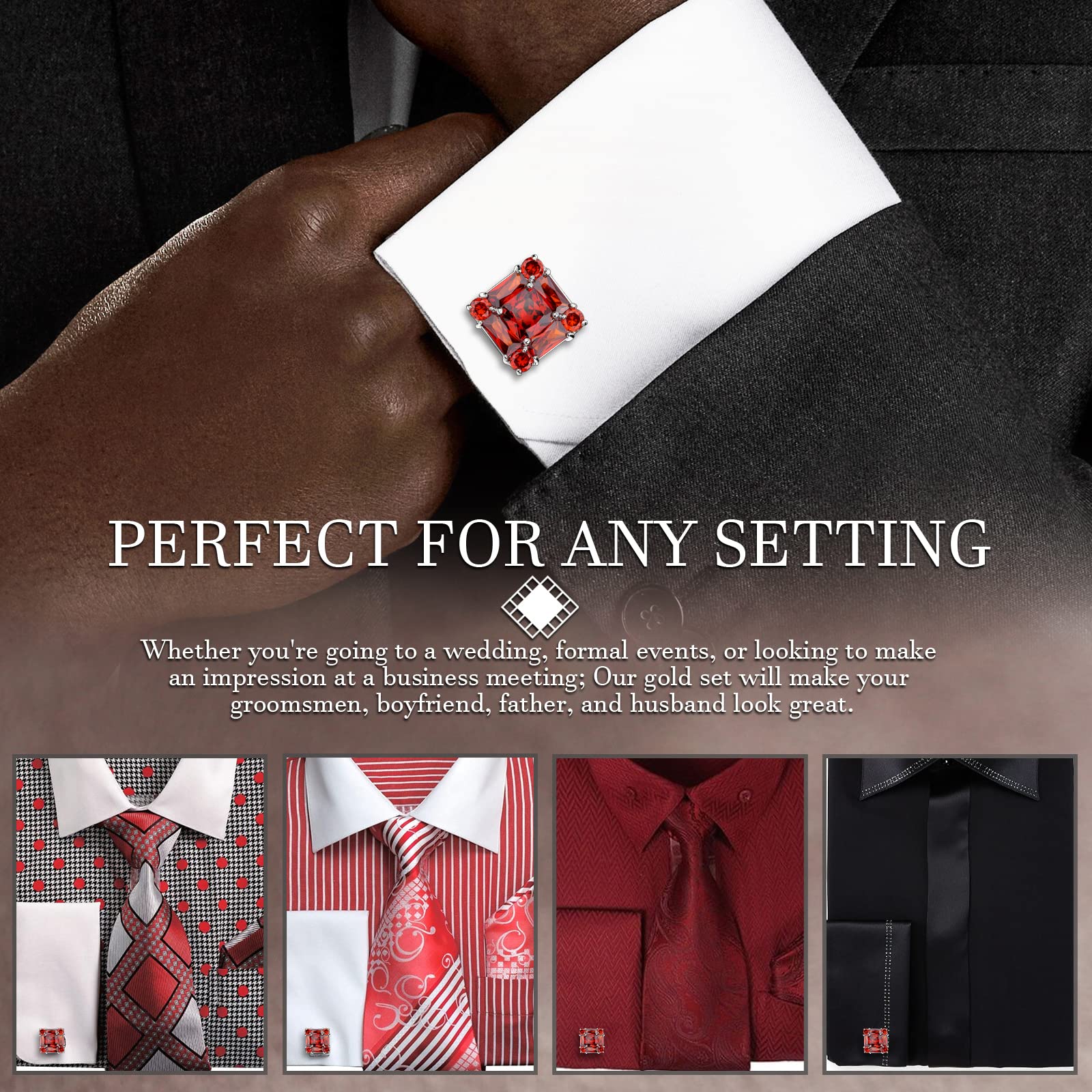 HAWSON Gemelos brillantes para camisa de hombre para traje, en caja de regalo, a juego con corbata sólida en rojo, blanco, negro y azul fácilmente, diseñados, Metal, no conocido