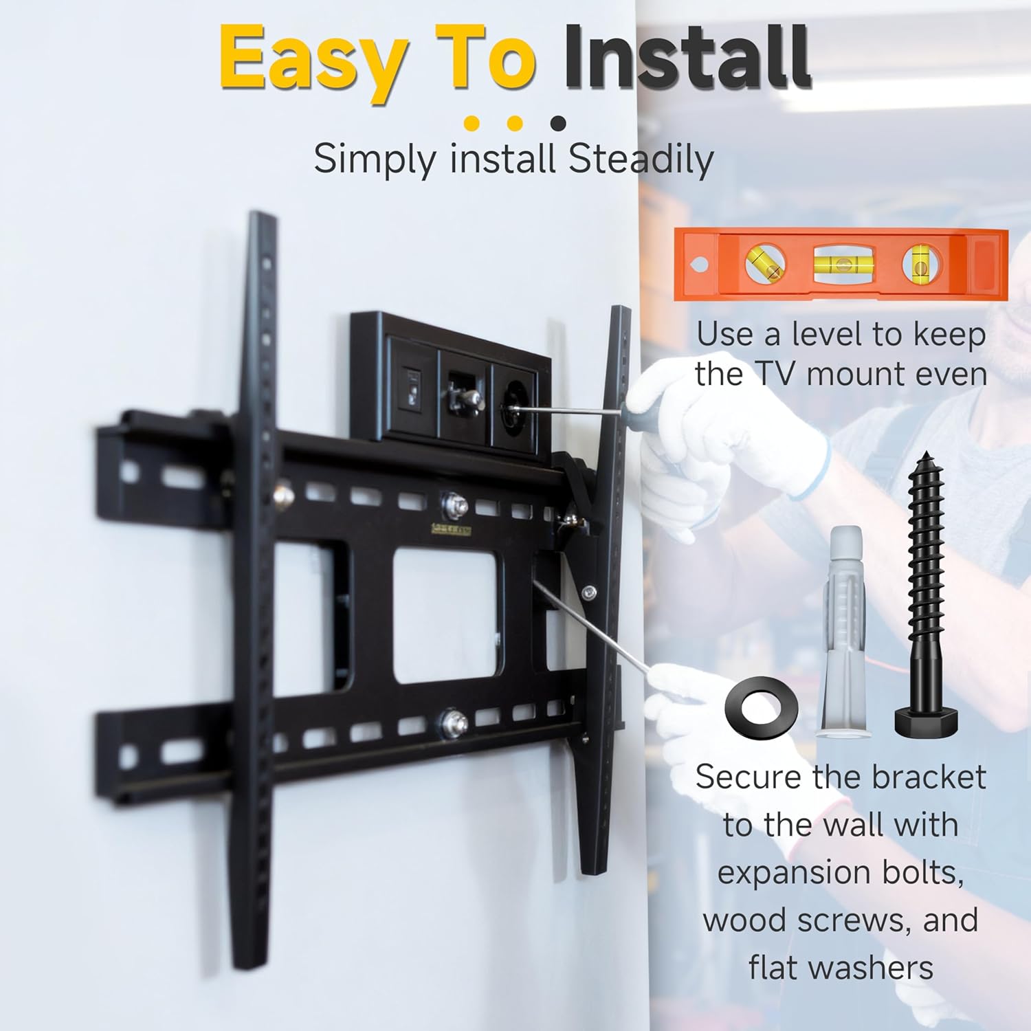 Mywish TV Mount Screws Kit, Lag Bolt Kit for TV Wall Mount, M8x65 Lag Bolts Screws, 10x60 Wall Anchors, Washers, Bubble Level for Wood Stud Brick Concrete Drywall, Universal TV Mounting Hardware Kit