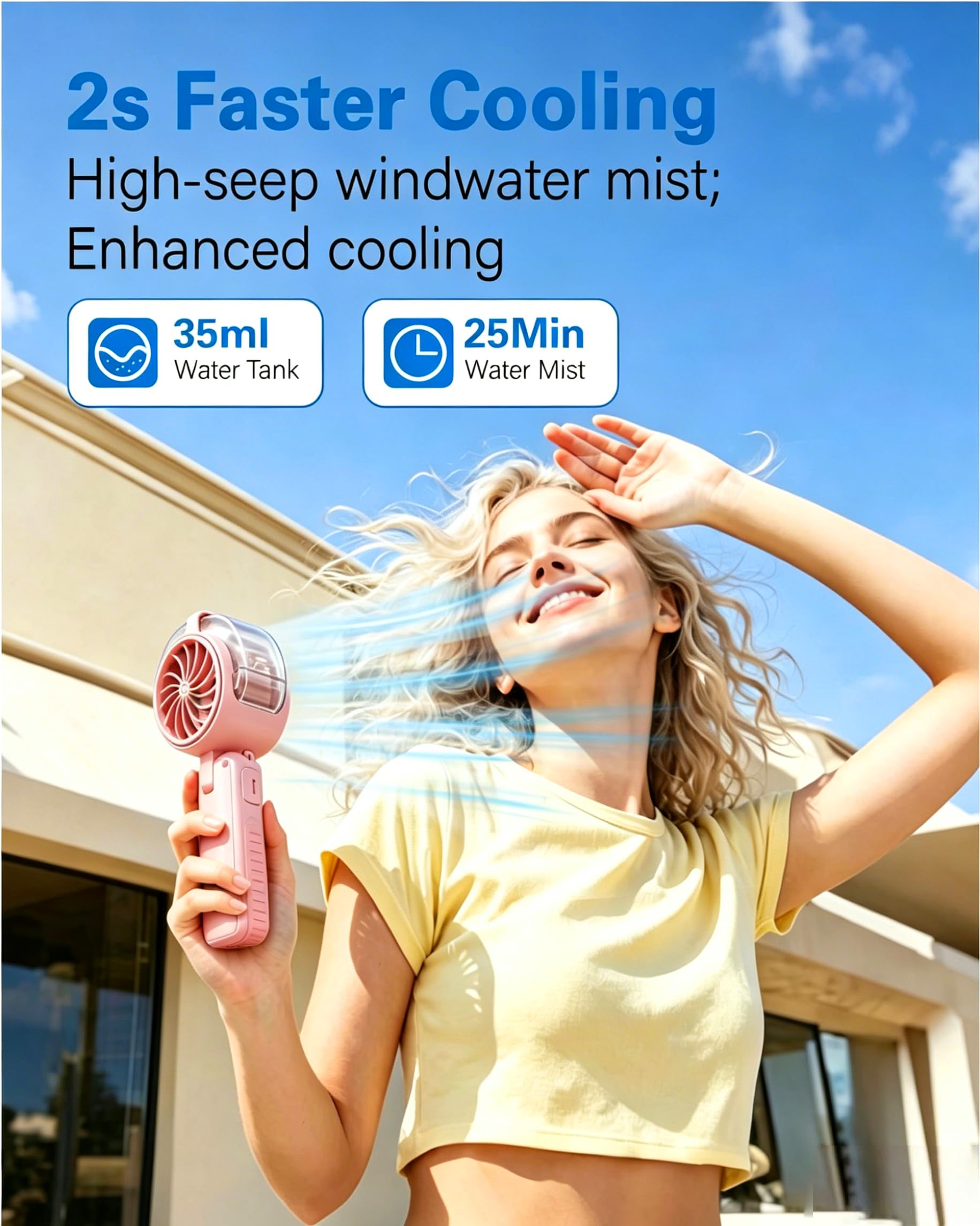 Ventilador portátil de mano plegable, ventilador de refrigeración personal recargable por USB de 6000 mAh, mini ventilador de pulverización de agua de 5 velocidades, ventiladores turbo 3 en 1 de mano