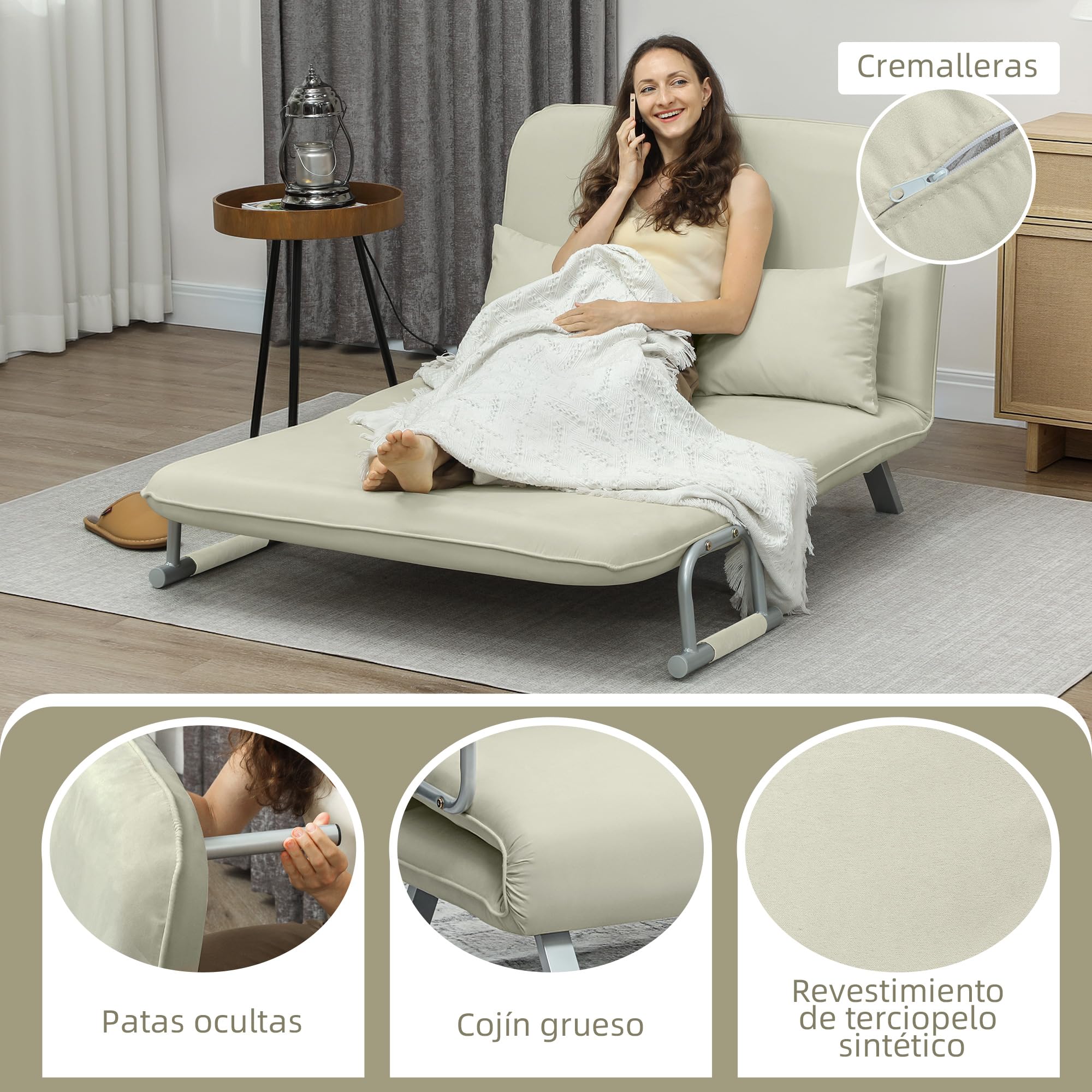 HOMCOM Sofá Cama de 2 Plazas 3 en 1 Sofá Cama Plegable Tapizado en Ante Sintético con Respaldo Ajustable de 5 Niveles y 2 Almohadas Acolchadas para Oficina Dormitorio Salón 111x80x78 cm Crema