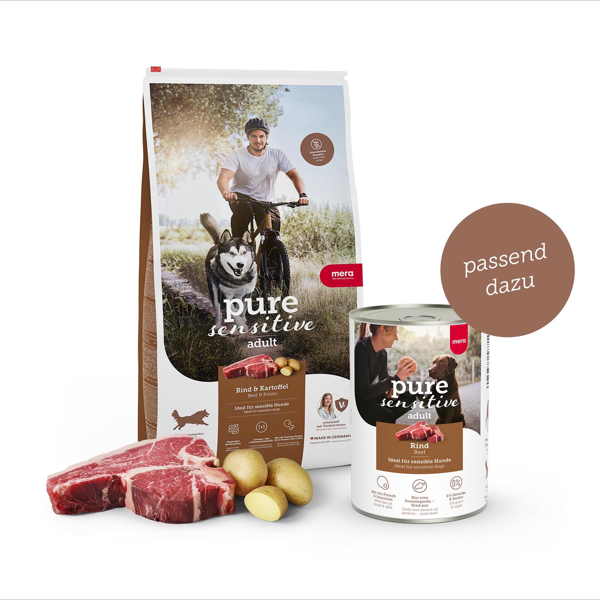 MERA Pure Sensitive Rind & Kartoffel Hundefutter trocken getreidefrei zuckerfrei Hoher Fleischanteil 59% Mono-Protein Adult Trockenfutter 12,5 kg