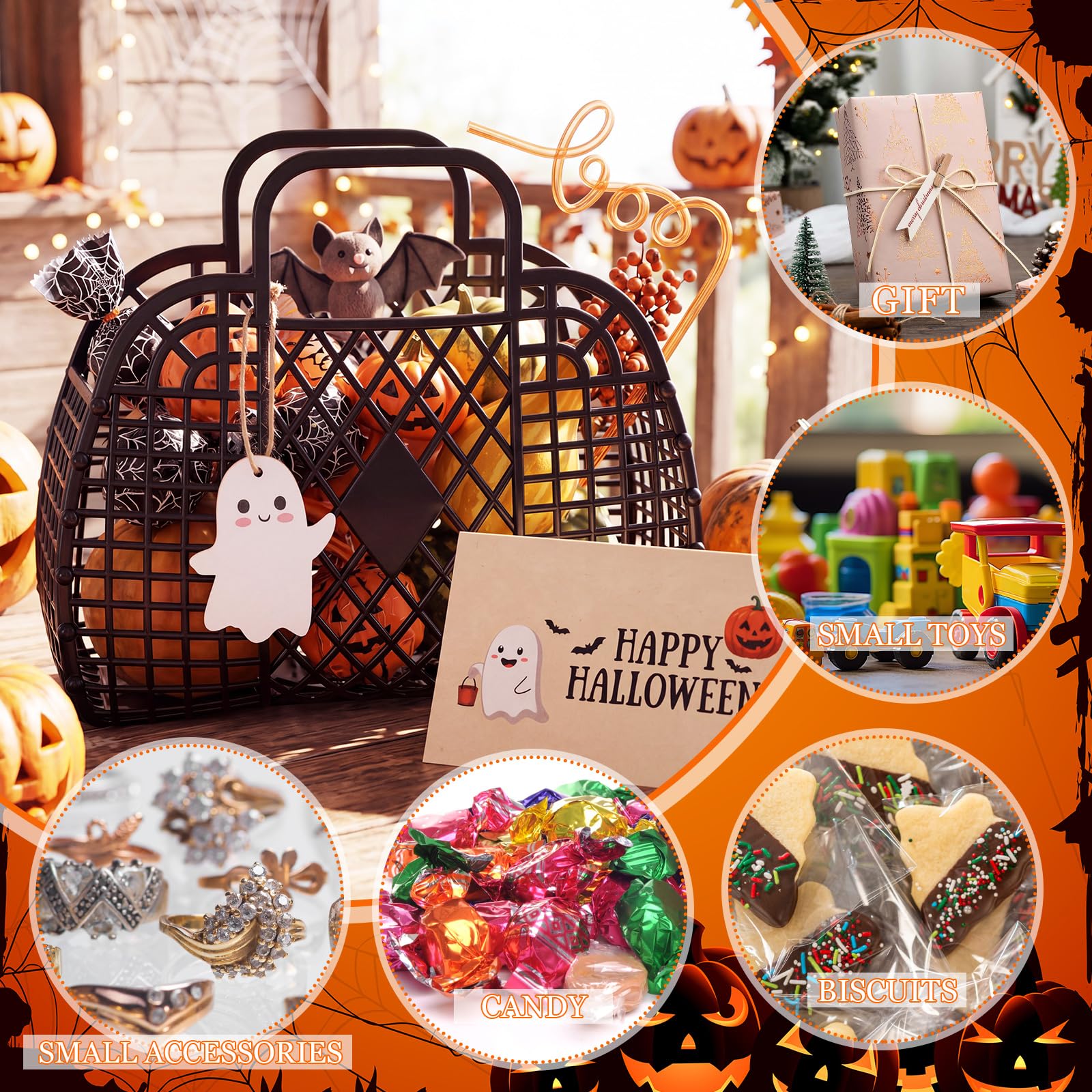 Pinkunn Juego de 6 cestas de Halloween con diseño de fantasma de Halloween, cubos de gelatina con etiquetas de fantasma, pajitas "boo", tarjetas de felicitación, bolsas de regalo de dulces, regalos de