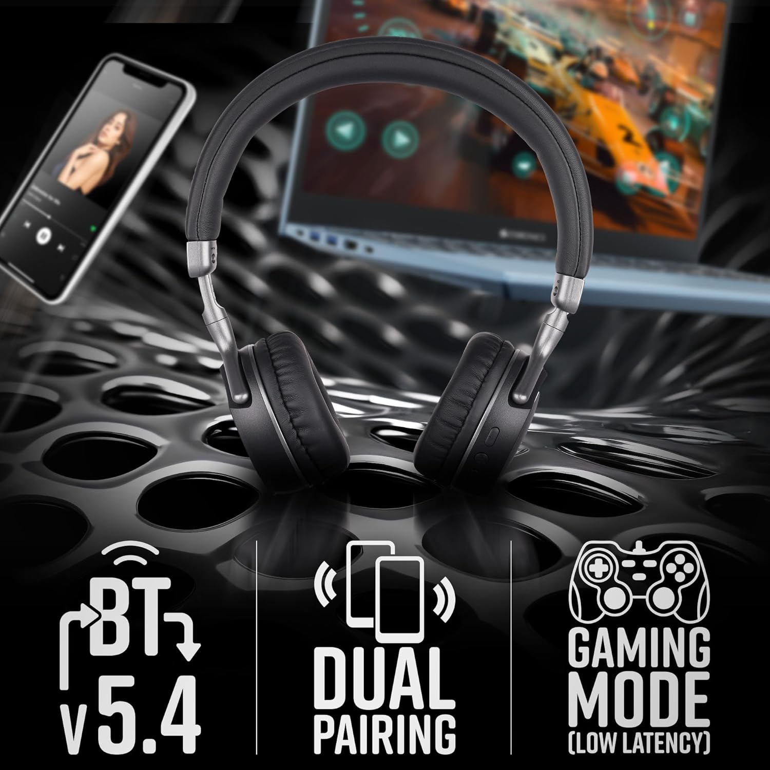 ZEBRONICS DUKE 2 Wireless Headphone illustrating Bluetooth v5.4, Dual Pairing, and Gaming Mode