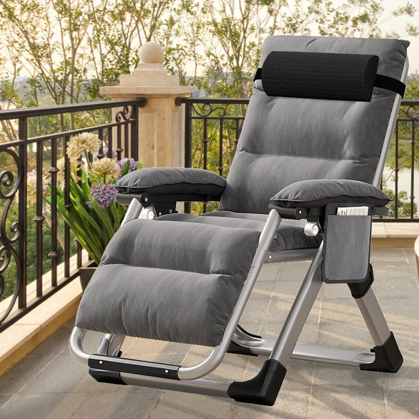 ZIKEBTUY Garden Recliner Chairs 200kg Support Sunlounger Folding Sun Lounger Adjustable Angle Zero Gravity Chairs with Mattress headrests and Side Pocket Foldable Indoor Outdoor (Grey)