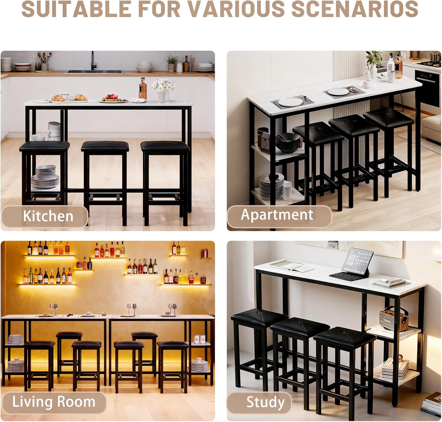 uhomepro 4-Piece Kitchen Bar Table Set with Storage Shelves - 57.1” Sofa Table with Stools, Simple Style, Easy Assembly, Perfect for Small Spaces, Restaurants, and Studio Apartments (White+Black)