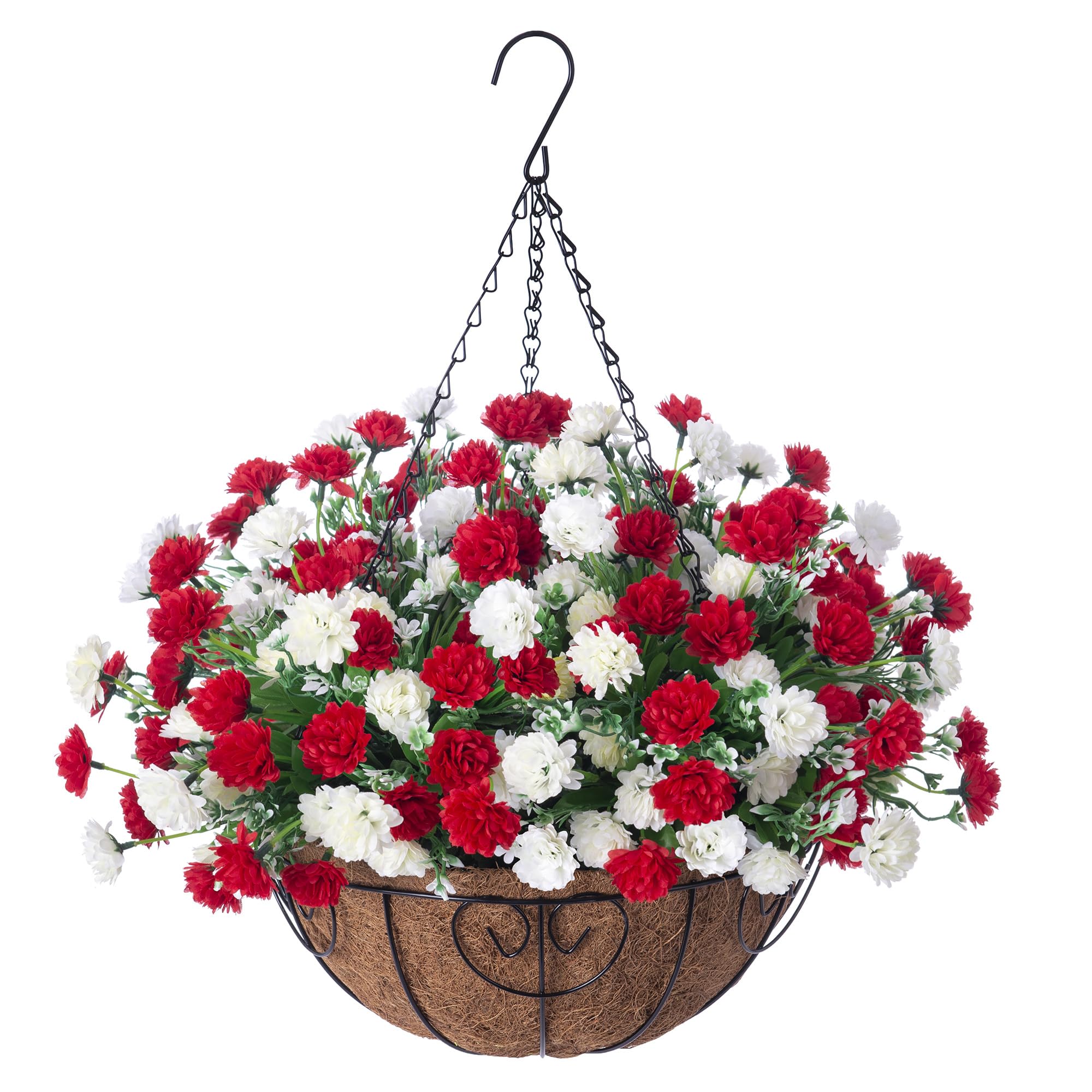Ammyoo Artificial Faux Hanging Flowers Basket for Outdoors Outside Decoration, Silk Fake Hanging Flowers Colorful Daisy with Coconut Lining Baskets for Courtyard Spring Summer Decor(Red and White)