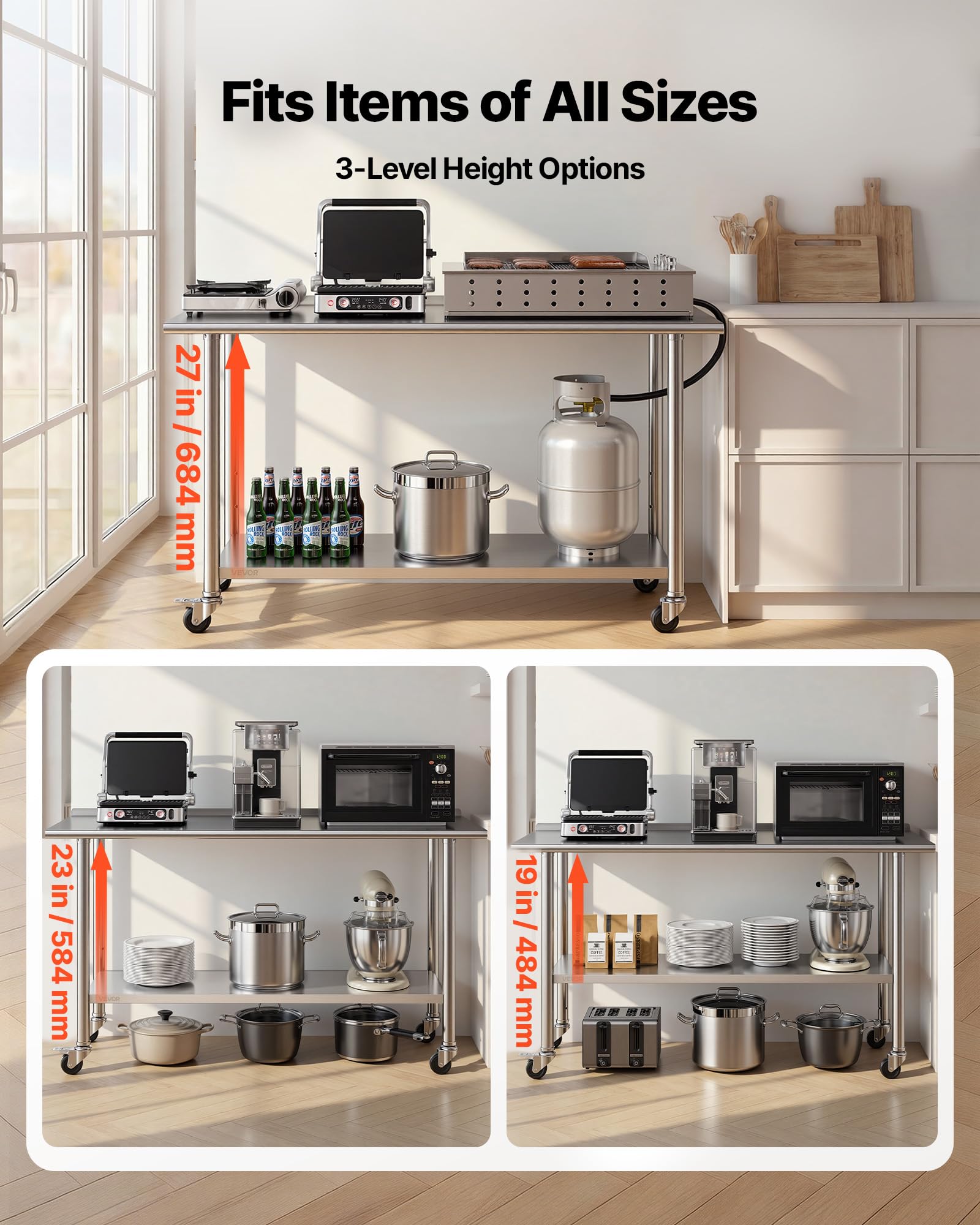 VEVOR Edelstahltisch Gastro 1524 x 610 x 894 mm, Verstellbarer Edelstahltisch mit Rollen, Aufkantung (30 mm), Arbeitstisch mit Grundboden für Restaurant Obere Ablage (254 kg) Untere Ablage (209 kg)