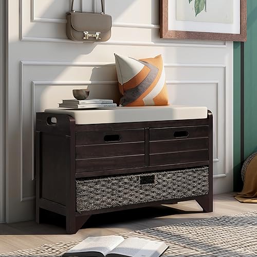 SOFTSEA Banco de almacenamiento con cesta extraíble y 2 cajones, banco de entrada de granja con cojín de asiento para entrada, sala de estar,