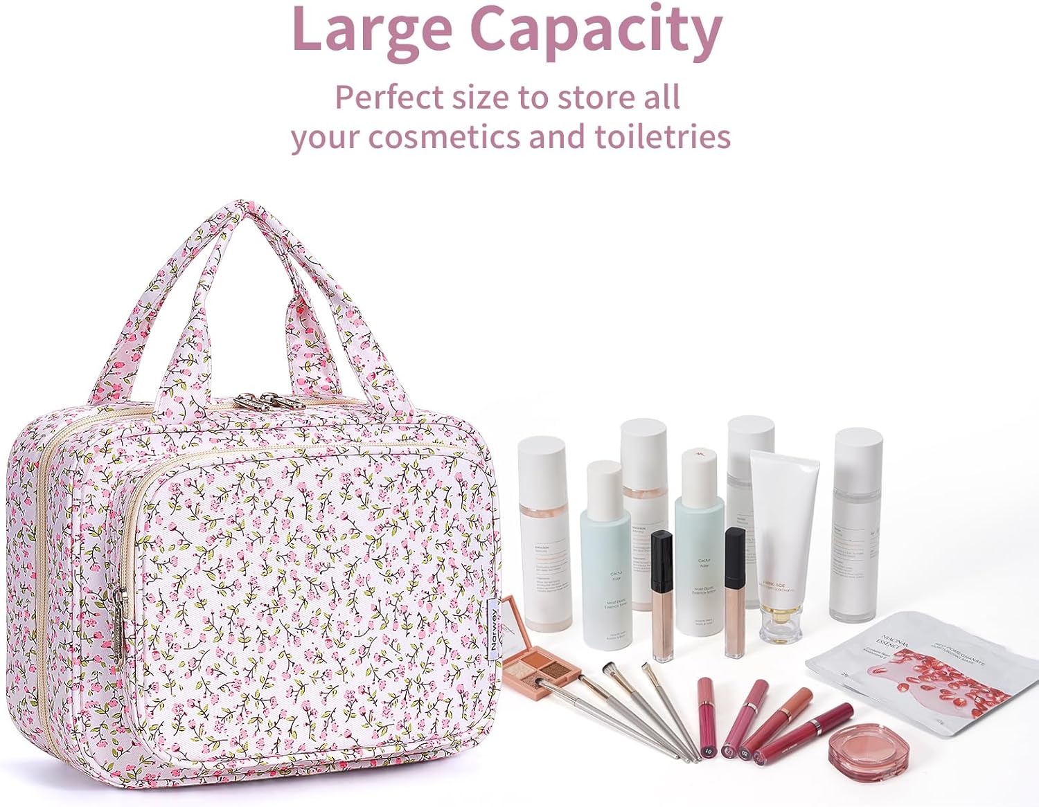 Narwey Hanging Toiletry Bag for Women Travel Makeup Bag Organizer Toiletries Bag for Travel Size Essentials Accessories Cosmetics (Green Leaves and Flower (Medium)) - Image 7