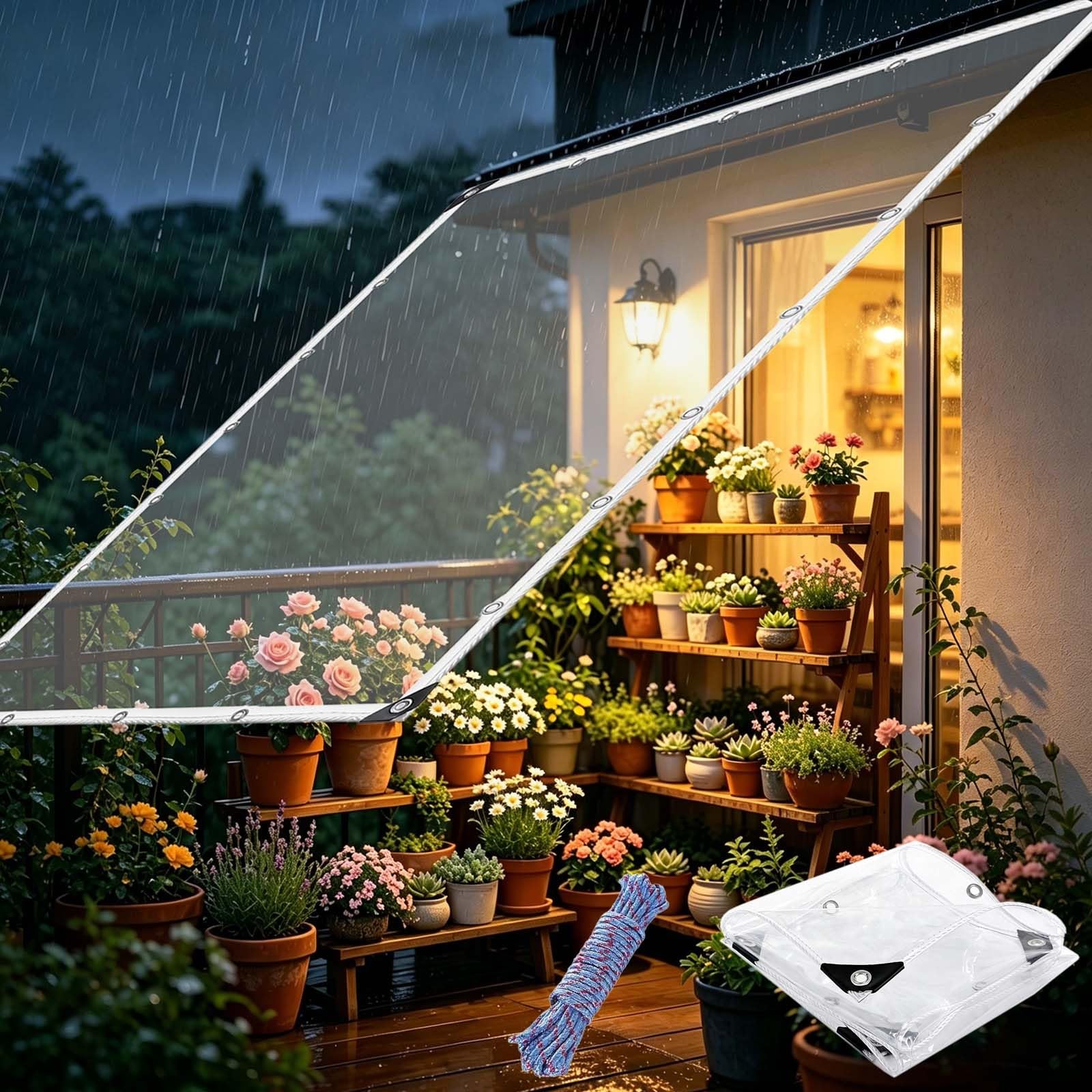 Clear Heavy Duty Tarpaulin 230 x 240 cm Waterproof, Transparent with Eyelets and Rope Clear PVC Tarp Cover, Waterproof Gazebo Side Panels for Plant, Balconies, transparent