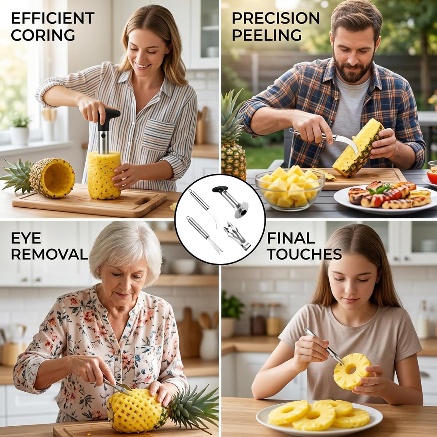 4PCS Stainless Steel Pineapple Corer Set for Kitchen Use,Pineapple Corer and Slicer,Easy Pineapple Slicer Tool with Ergonomic Handle